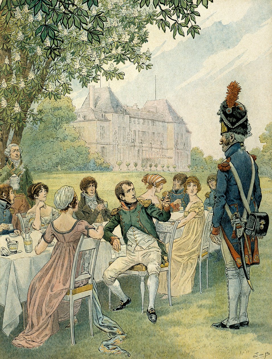 Napoleon I Bonaparte (1769-1821) under en frokost i haven ved slottet Malmaison. Illustration af Jacques Marie Gaston Onfray de Breville dit JOB (1858-1931). Privat samling af pseudonym for Onfray de Breville Jacques Job