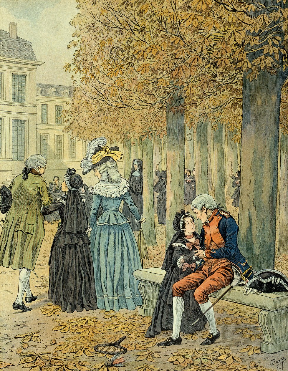 Napoleon I Bonaparte (1769-1821) besøgte sin søster Elisa Bonaparte (1777-1820) i kongehuset Saint Cyr (Saint-Cyr). Illustration af Jacques Marie Gaston Onfray de Breville dit JOB (1858-1931) af pseudonym for Onfray de Breville Jacques Job