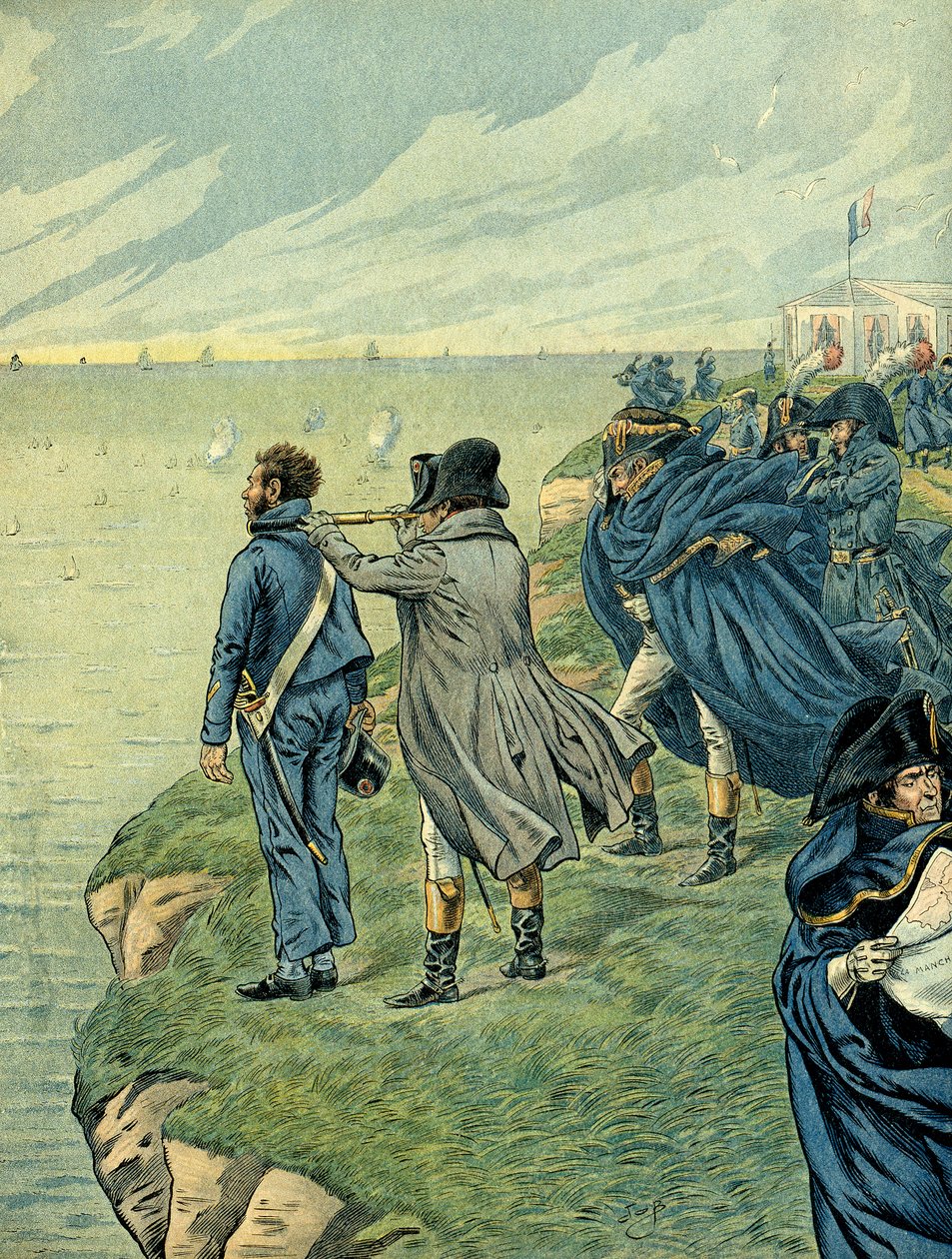 Napoleon I Bonaparte (1769-1821) besøgte Boulognelejrens arsenal i juli 1804. Illustration af Jacques Marie Gaston Onfray de Breville dit JOB (1858-1931). Privat samling af pseudonym for Onfray de Breville Jacques Job