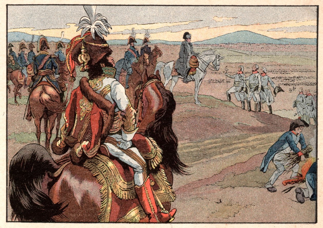 Napoleon I Bonaparte (1769-1821) med Joachim Murat (1767-1815) under overgivelsen af Ulm i 1805. Gravering af Jacques Marie Gaston Onfray de Breville dit Job (1858-1931) af pseudonym for Onfray de Breville Jacques Job