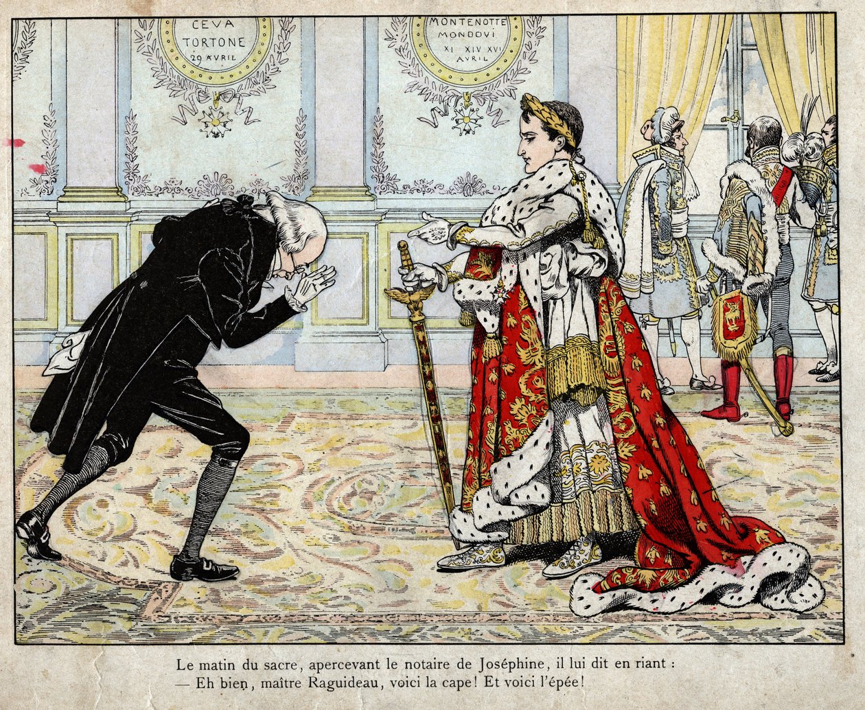 Napoleon og notar Raguideau, kroningsmorgen 1804 - litografi af Job (Jacques Onfroy de Breville) fra "" Le Grand Napoleon des Petites Enfants""" 1893 af pseudonym for Onfray de Breville Jacques Job