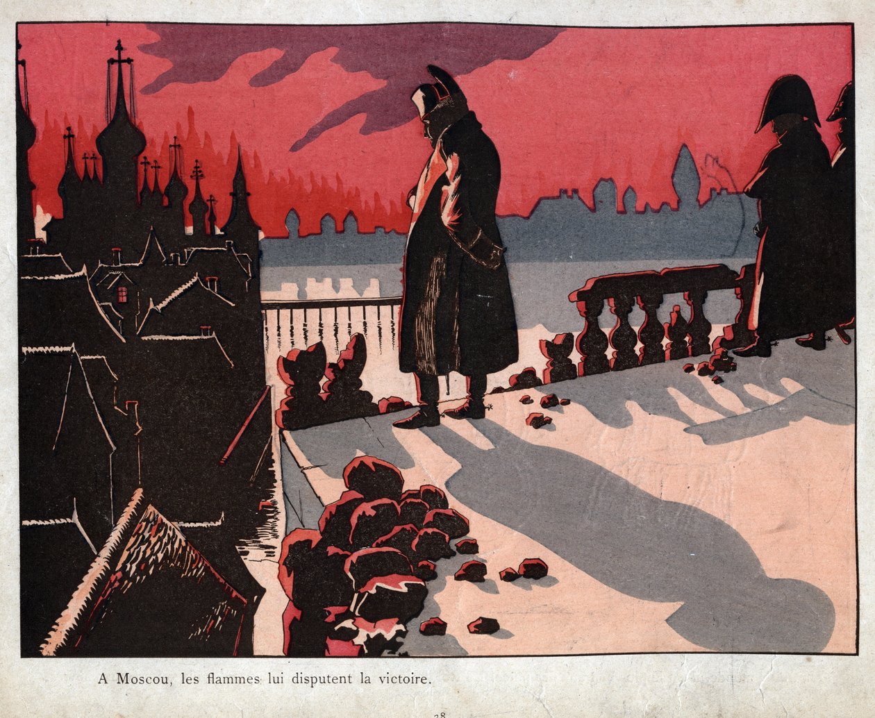 Napoleon betragter ilden i Moskva - Han ser Moskva brænde (15.-16. september 1812) - - litografi af Job (Jacques Onfroy de Breville) fra "" Le Grand Napoleon des Petites Enfants""" 1893 af pseudonym for Onfray de Breville Jacques Job