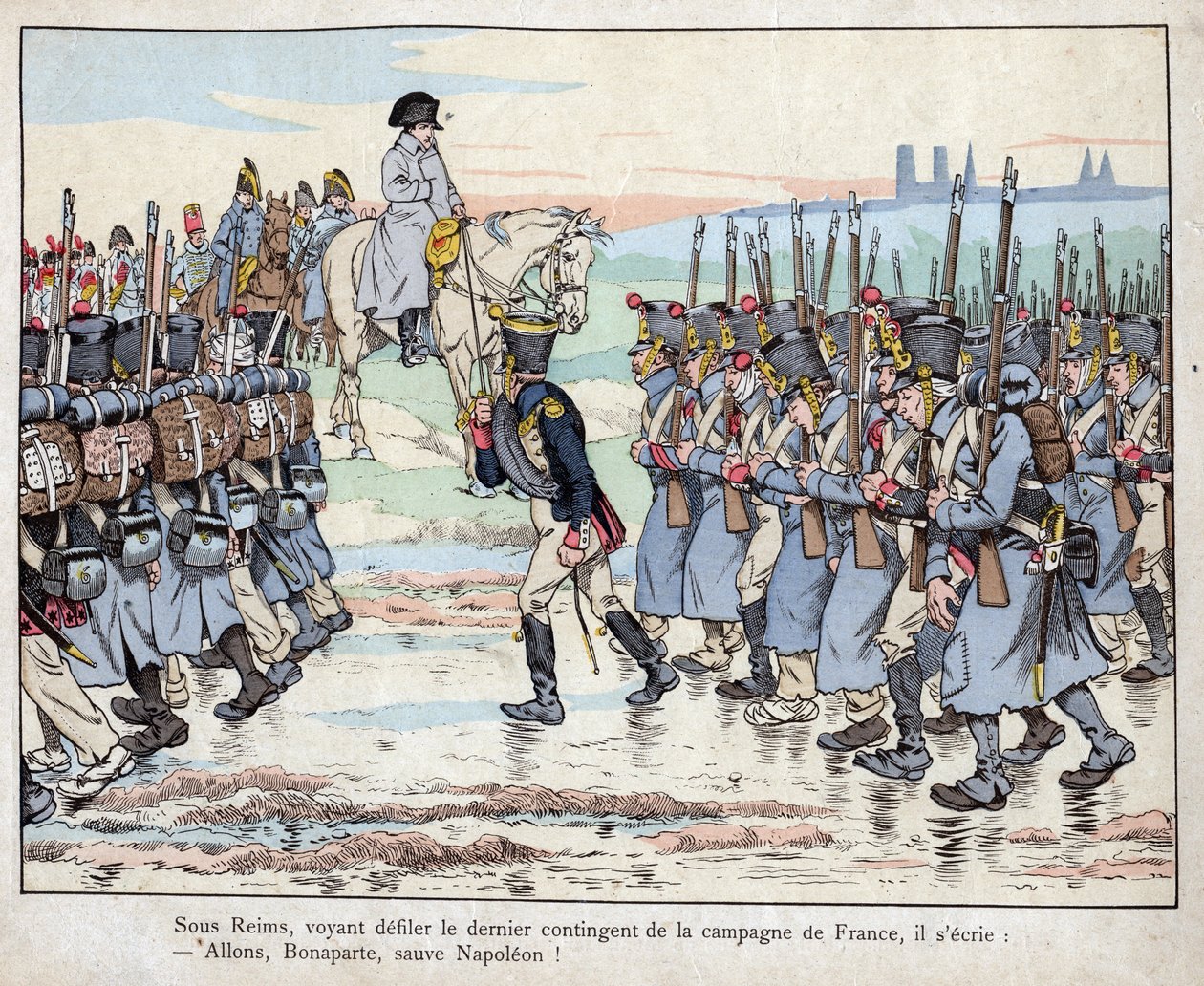 Napoleon ser på det sidste kontingent af hæren i det franske landskab nær Reims, 16. marts af pseudonym for Onfray de Breville Jacques Job