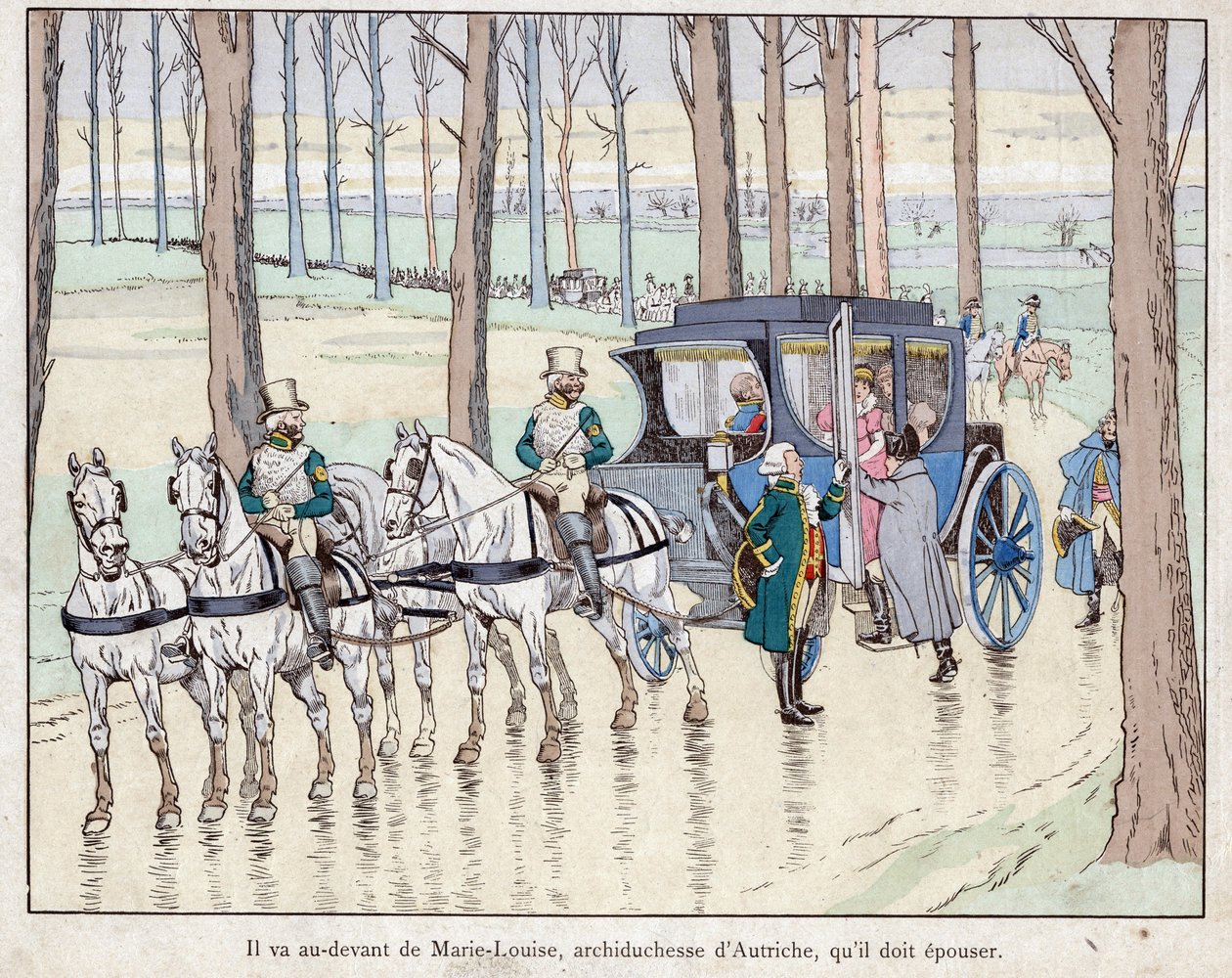 Napoleons møde med ærkehertuginde Marie-Louise af Østrig - 1810 - litografi af Job (Jacques Onfroy de Breville) fra "" Le Grand Napoleon des Petites Enfants""" 1893 af pseudonym for Onfray de Breville Jacques Job