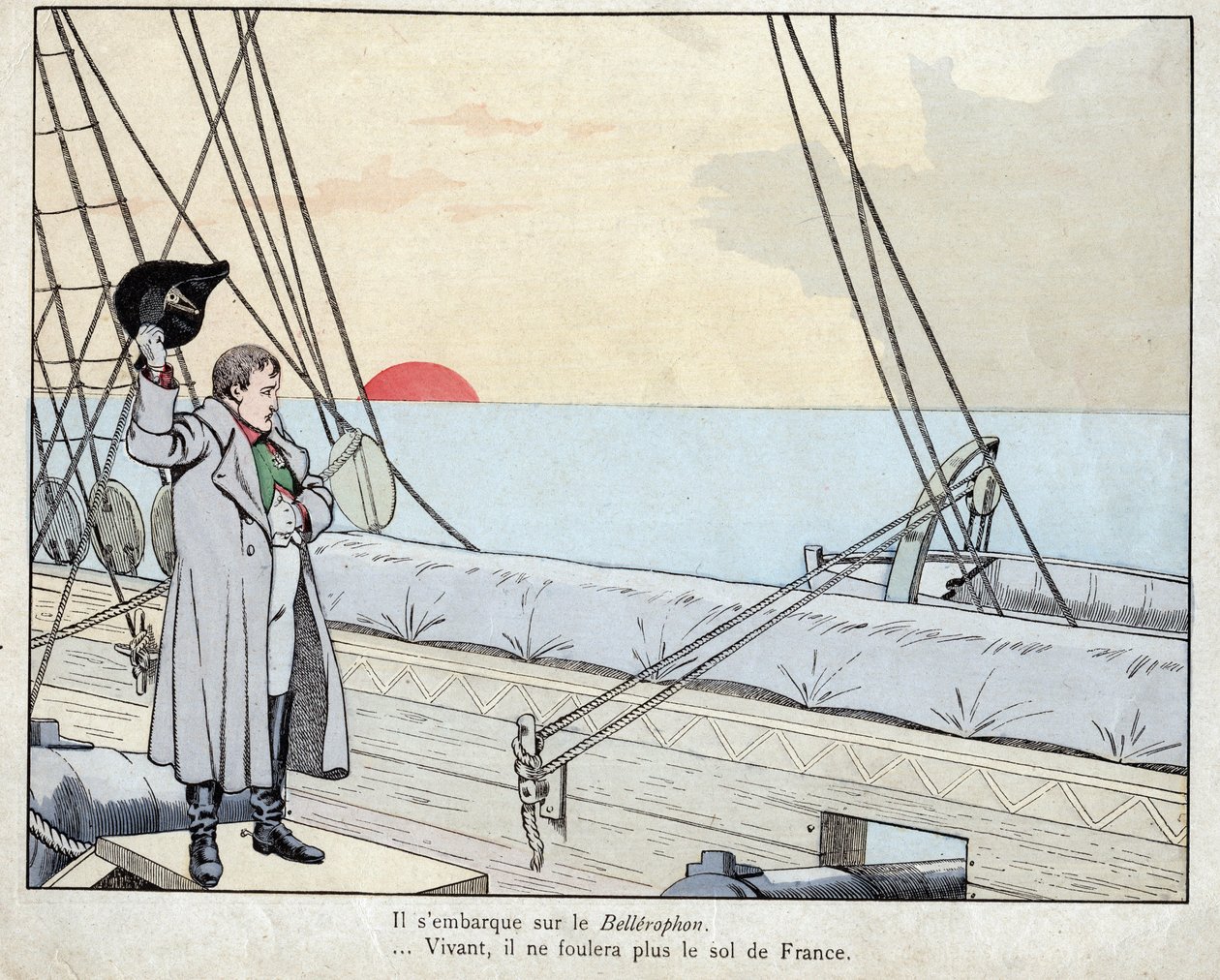 Napoleon ombord på HMS Bellerophon 1815 - litografi af Job (Jacques Onfroy de Breville) fra "" Le Grand Napoleon des Petites Enfants""" 1893 af pseudonym for Onfray de Breville Jacques Job