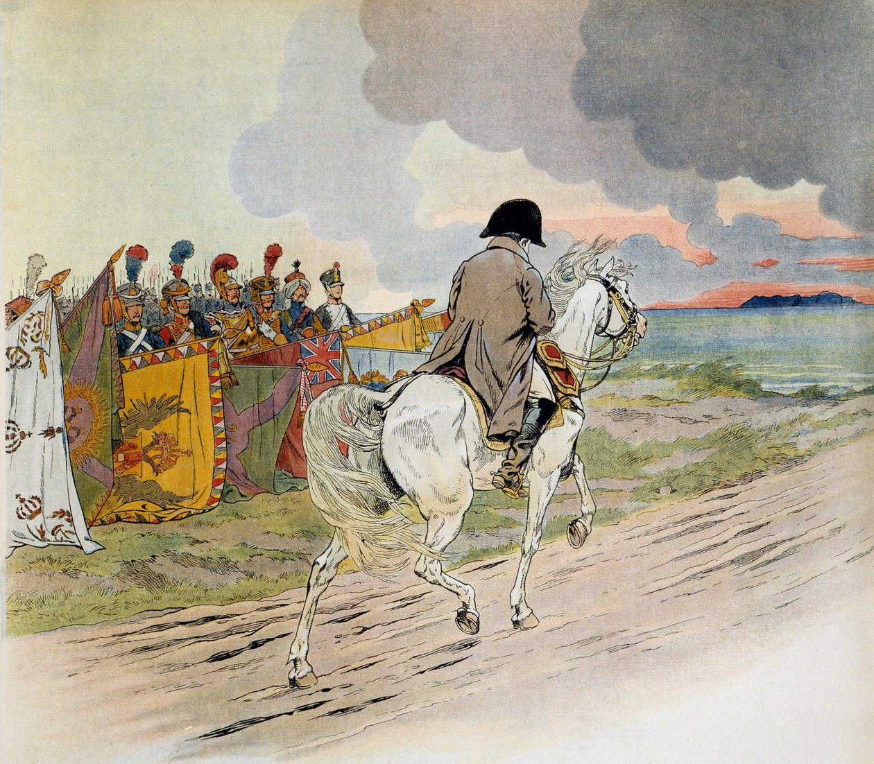 Napoleon passerede foran sine tropper til hest, da han rejste i eksil på øen Elba. Illustration af Jacques Marie Gaston Onfray de Breville dit JOB (1858-1931). Privat samling af pseudonym for Onfray de Breville Jacques Job