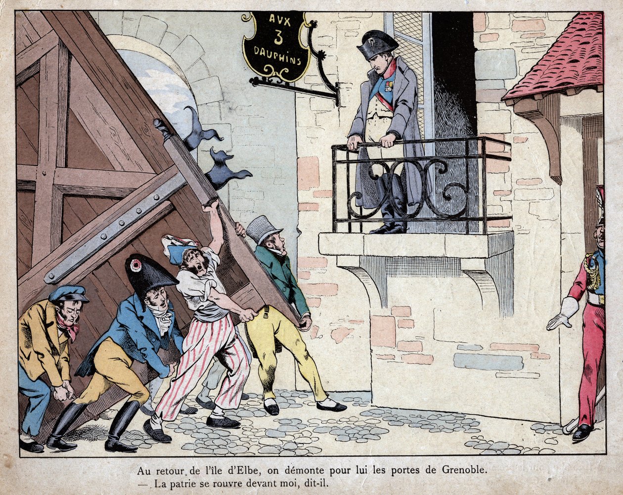 Napoleon samler sine soldater til Grenoble ved sin tilbagevenden fra Elba Island - Byen Grenoble åbner sine porte for Napoleon ved hans tilbagevenden fra eksil på Elba, 7. marts 1815 - litografi af Job (Jacques Onfroy de Breville) fra "" Le Grand Napoleon  af pseudonym for Onfray de Breville Jacques Job