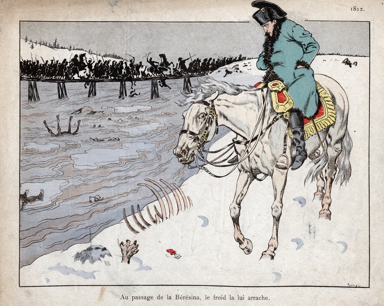 Napoleon ser resterne af sin Grand Armee krydse floden Berezina på tilbagetoget fra Moskva af pseudonym for Onfray de Breville Jacques Job