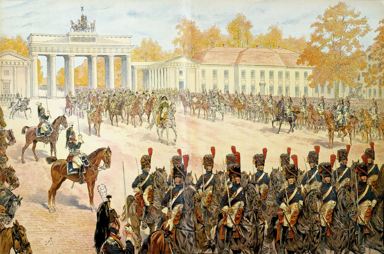 Den 27. oktober 1806 gik Napoleon I Bonaparte (1769-1821) og hans hær ind i Berlin. I "" Napoleon"" af Georges Montorgueil. Illustration af Jacques Marie Gaston Onfray de Breville dit JOB (1858-1931) af pseudonym for Onfray de Breville Jacques Job