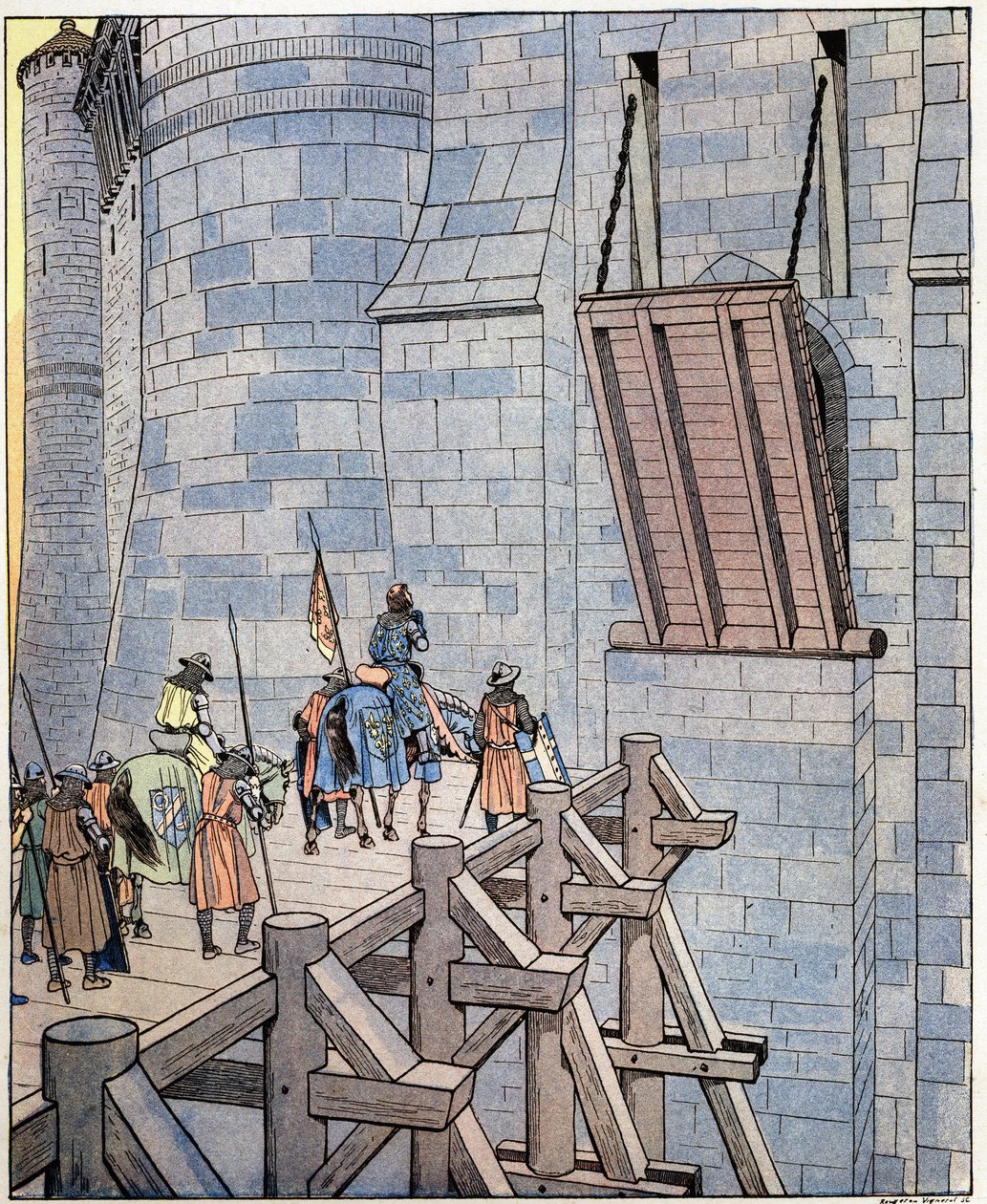 Åbn op, det er Frankrigs formue! (eller "Åben, det er den ulykkelige konge af Frankrig! "") Ord fra kongen af Frankrig Philip VI dit Philippe de Valois (1293-1350) ankommer foran Levis-broen ved Chateau de Broye nær Crecy. Han blev såret i Battl af pseudonym for Onfray de Breville Jacques Job