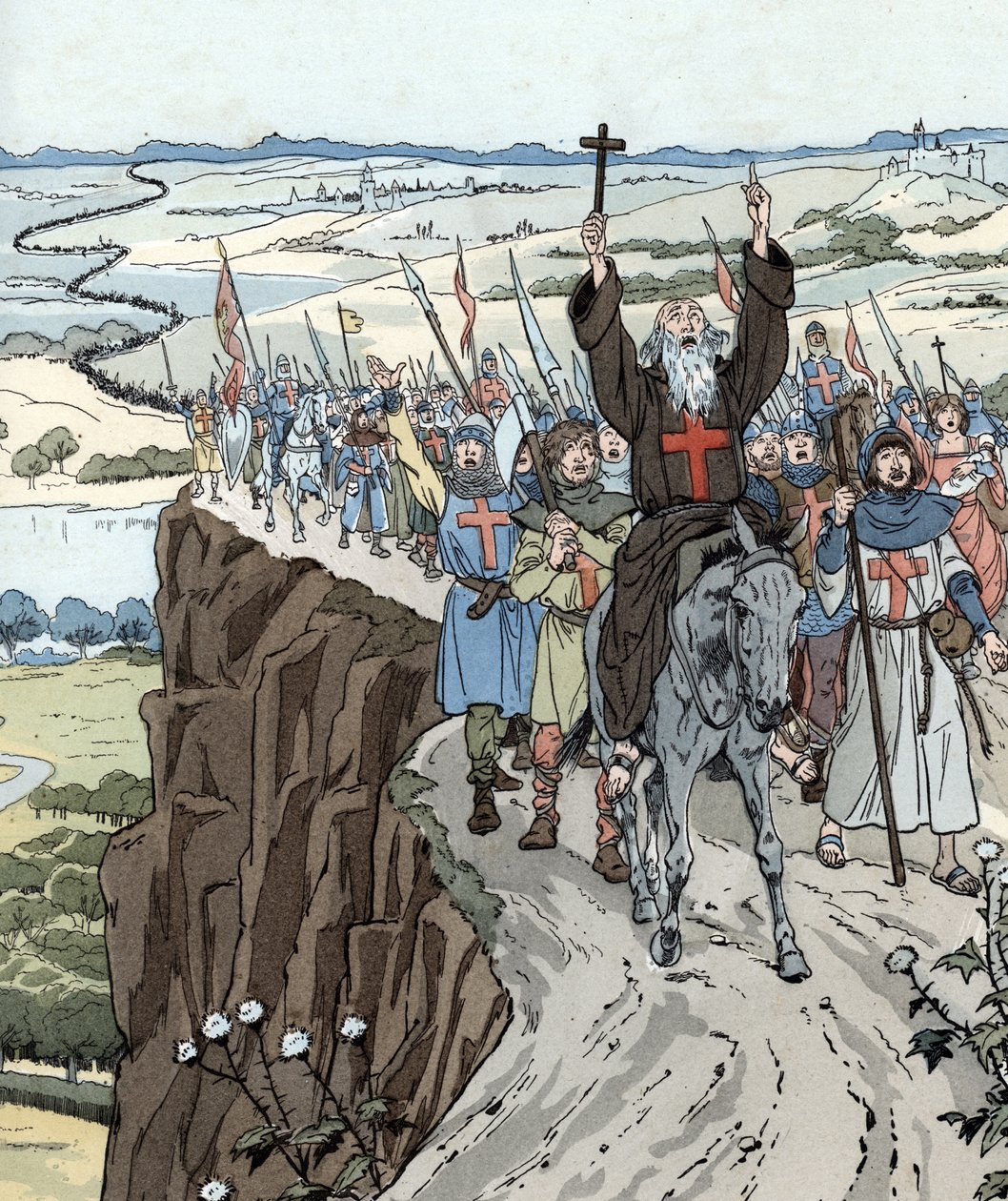 Eremitten Peter ledede det første korstog (1096) med råbet om "Gud vil have det!" af pseudonym for Onfray de Breville Jacques Job