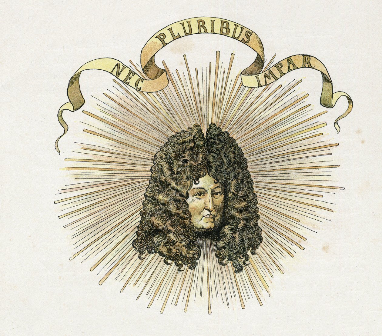 Portræt af kong Ludvig XIV (1638-1715) med hans motto på latin "Nec pluribus impar"" (A ingen anden lignende). i "" Frankrig, hans historie fortalt af G. Montorgueil, imagee af Job"" 1896. Privat samling. af pseudonym for Onfray de Breville Jacques Job