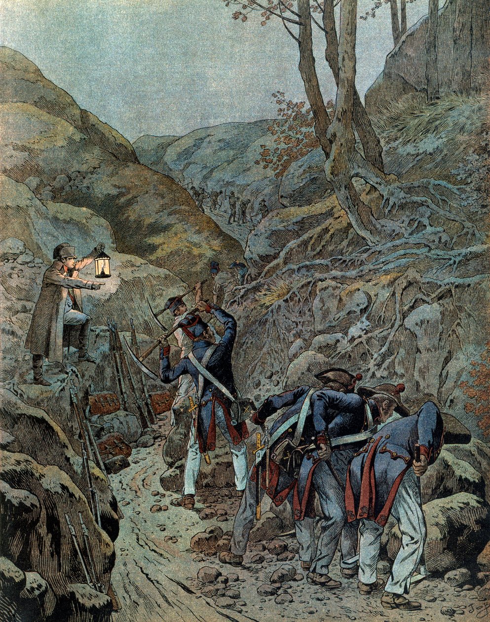 Preussen-kampagnen (1806): Tropperne arbejdede på at udvide en passage for kanoner ved foden af Mount Iena på tærsklen til slaget (som opstod den 14. oktober af pseudonym for Onfray de Breville Jacques Job