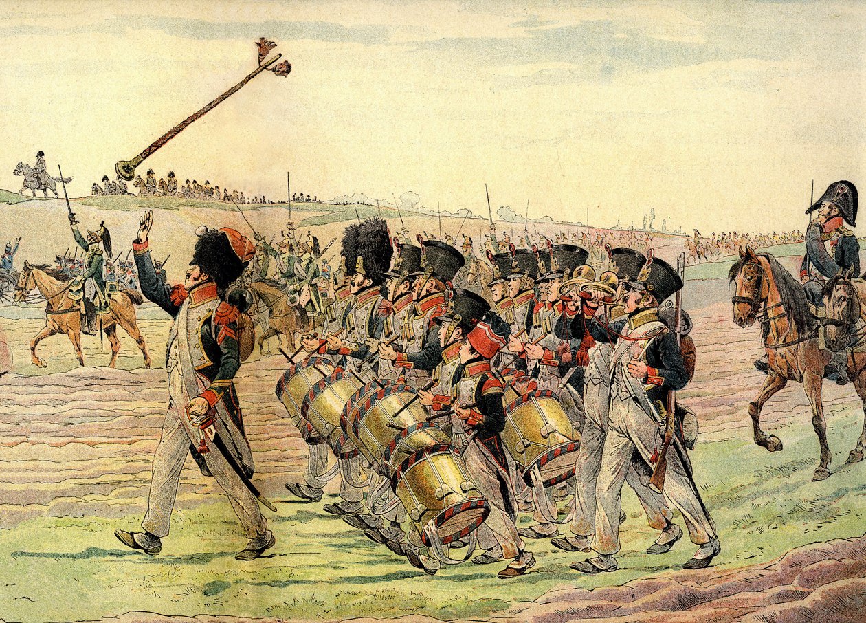 Regiment af Napoleonshæren marcherer til kamp ved lyden af musik, ca. 1900 (tryk) af pseudonym for Onfray de Breville Jacques Job