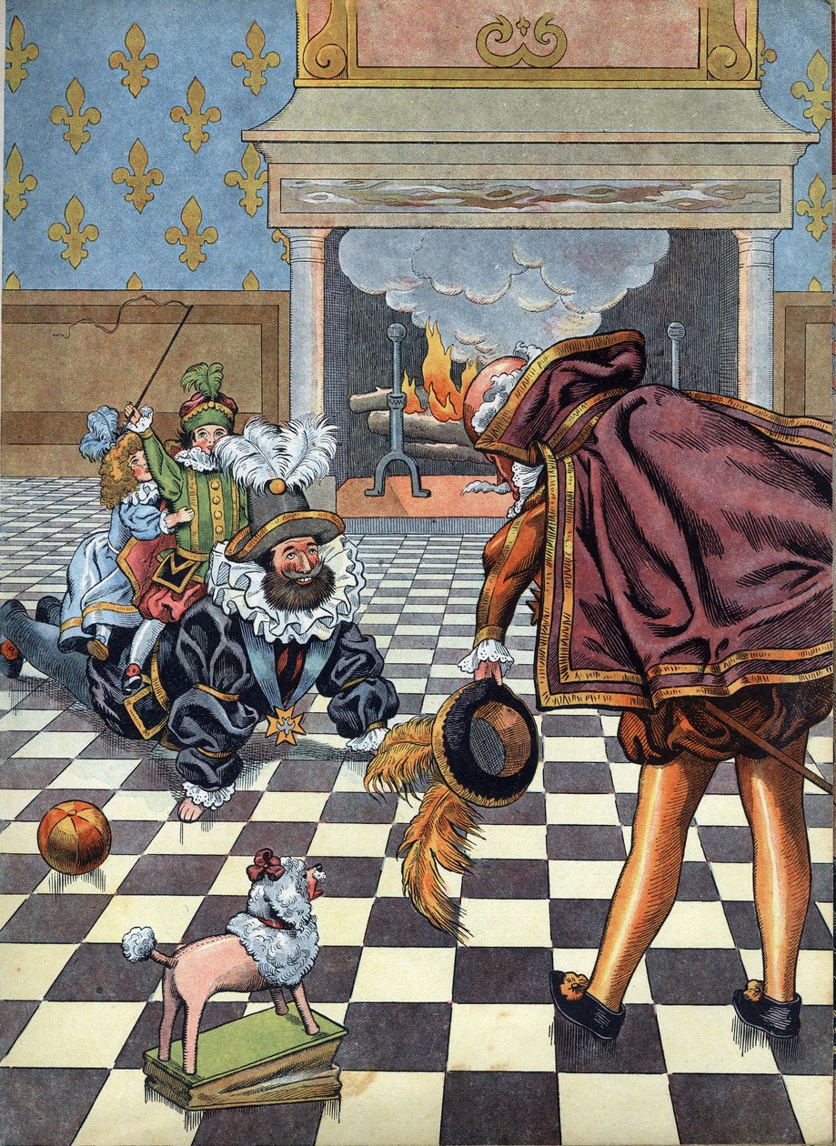 Scene fra Frankrigs historie i legetøj: Kongen af Frankrig Henri IV (1553-1610) leger med sine børn foran den spanske ambassadør. I “” Joujoux a l