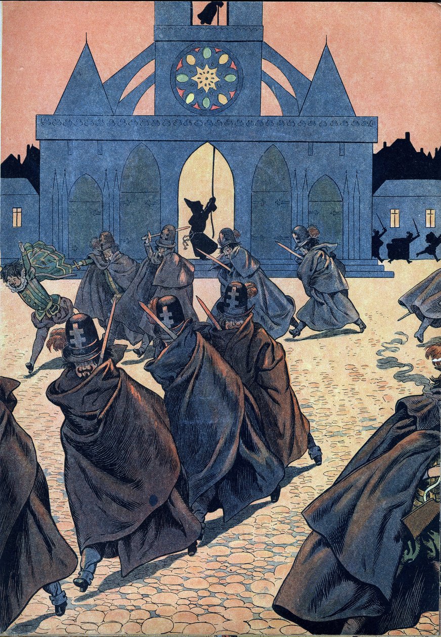 Scene fra Frankrigs historie i legetøj: La Saint Barthelemy (Saint-Barthélemy). En munk ringer tocsin fra kirken Saint Germain l