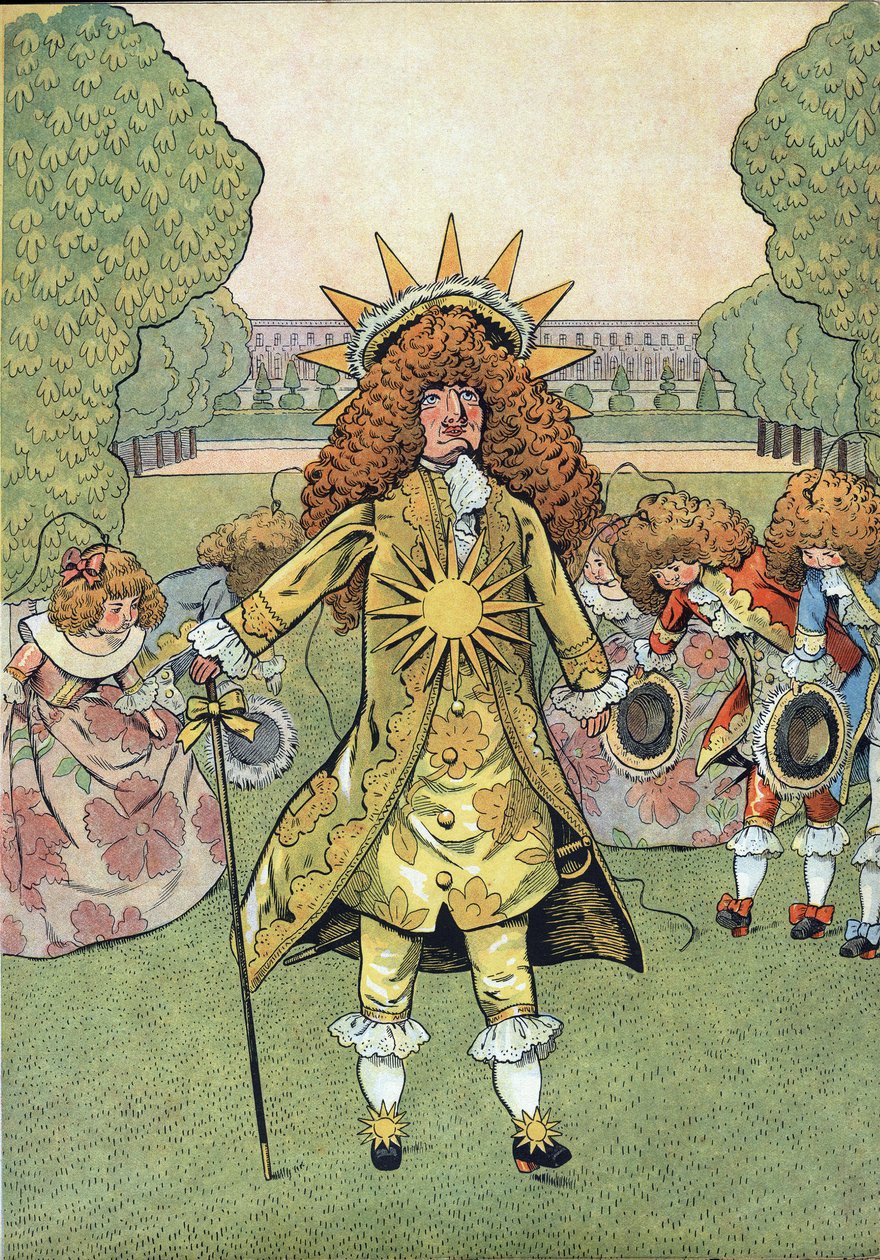 Scene af Frankrigs historie i legetøj: Portræt af Kongen af Frankrig Ludvig XIV (1638-1715) sagde Solkongen i Versailles haver med sit Hof, der trækker ærbødighed. I "" Joujoux a l
