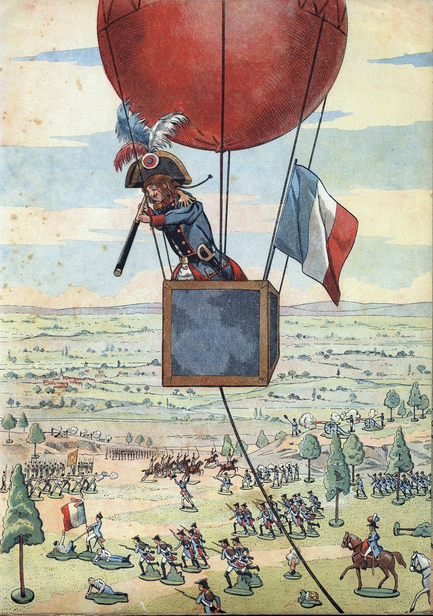 Scene fra Frankrigs historie i legetøj: Slaget ved Fleurus den 26. juni 1794 og den første brug af en observationsballon af kaptajn Jean Marie Joseph (Jean-Marie-Joseph) Coutelle (1748-1835) med en lang udsigt - I " ” Lad os spille en historie: Frankrig is af pseudonym for Onfray de Breville Jacques Job
