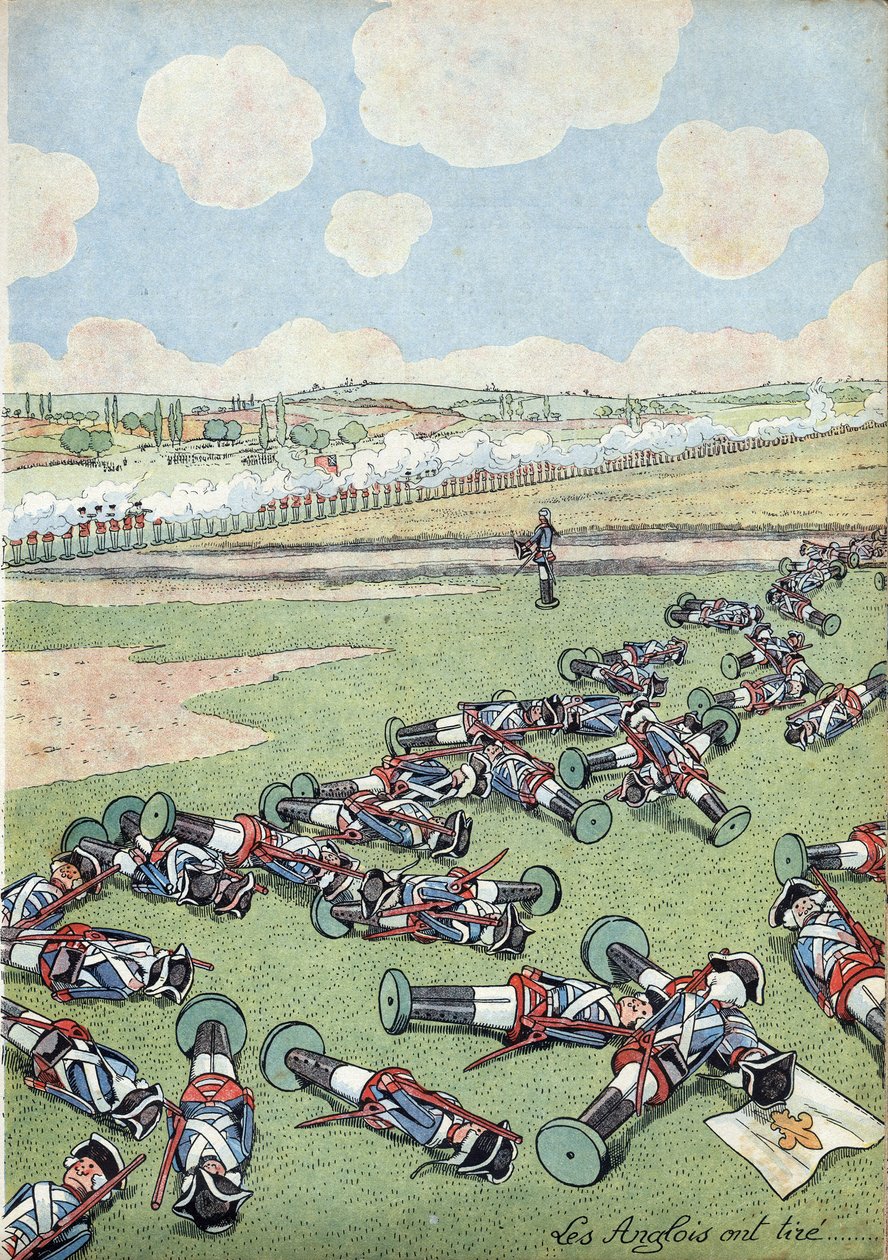 Scene fra Frankrigs historie i legetøj: Østrigs arvefølgekrig (1740-1748). Trop af infanterister fra den franske hær dræbt af englænderne i slaget ved Fontenoy den 11. maj 1745. I "" Joujoux a l