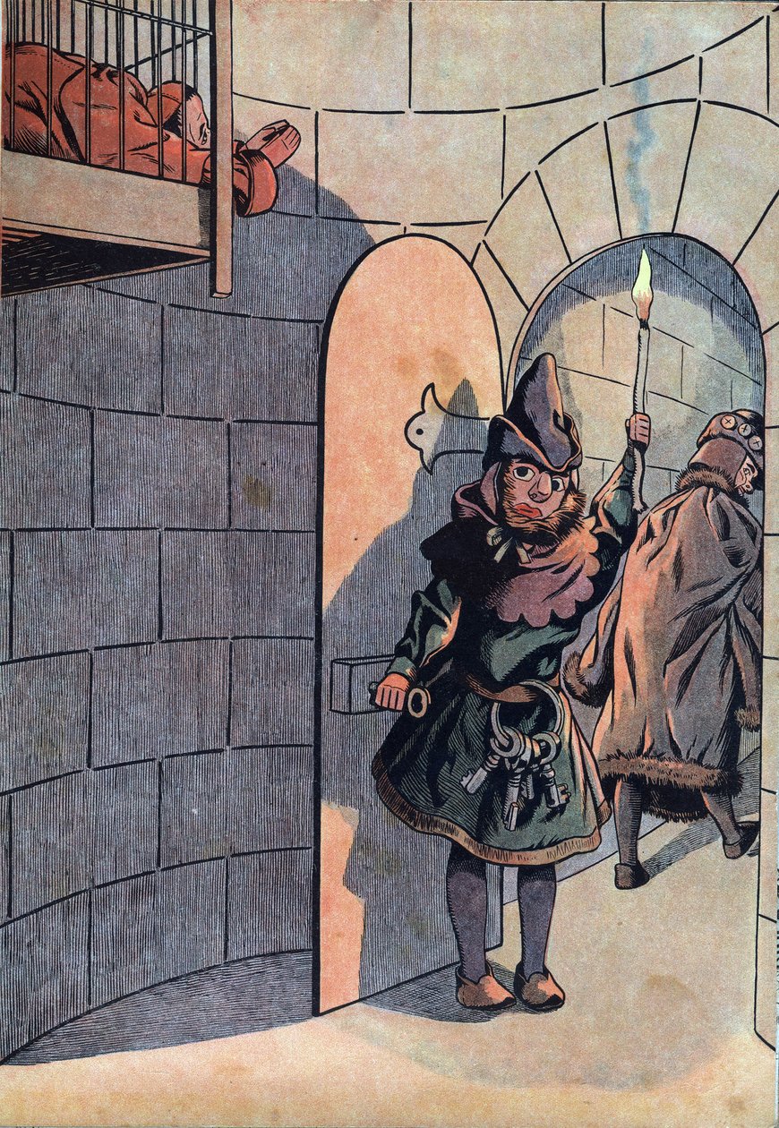 Scene fra Frankrigs historie i legetøj: plot mod kong Ludvig XI (1423-1483) med Charles Le Temeraire, Jean Balue (1421-1491) blev låst inde i 11 år i et af kong Ludvig XI