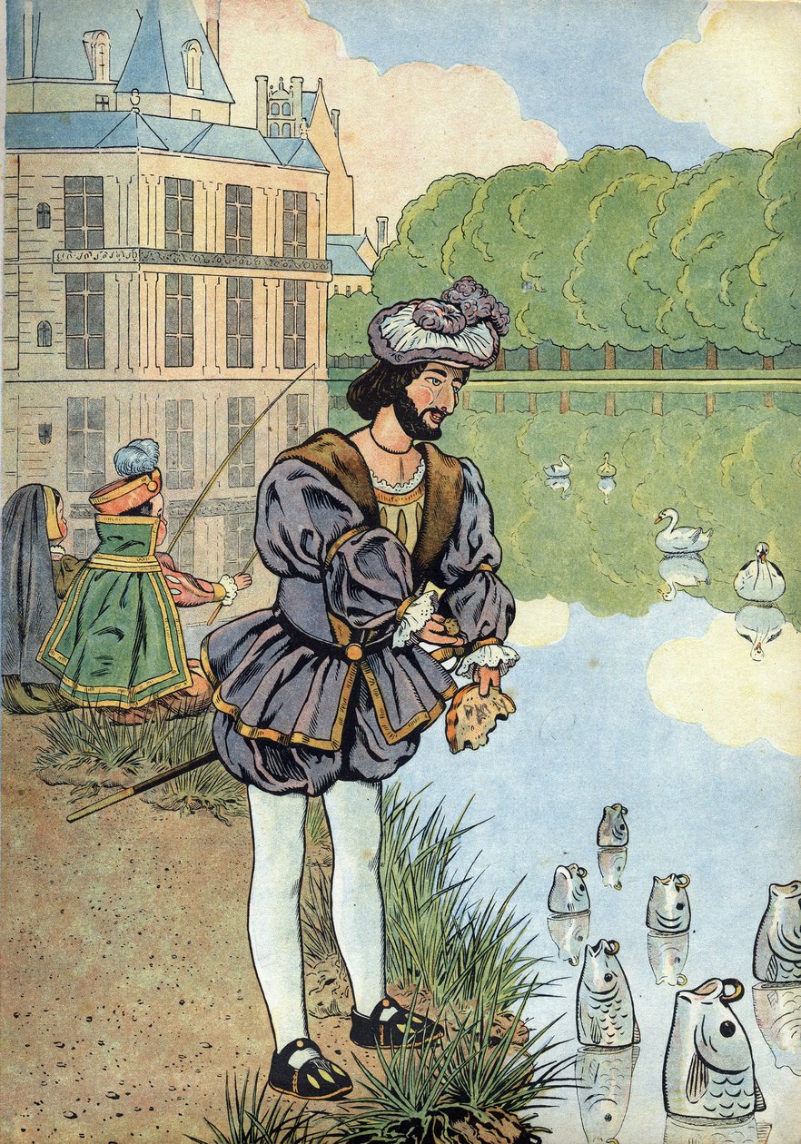 Scene fra Frankrigs historie i legetøj: Kongen af Frankrig Francois I (1494-1547) giver brød til fiskene i Fontainebleau-parken. I “” Joujoux a l