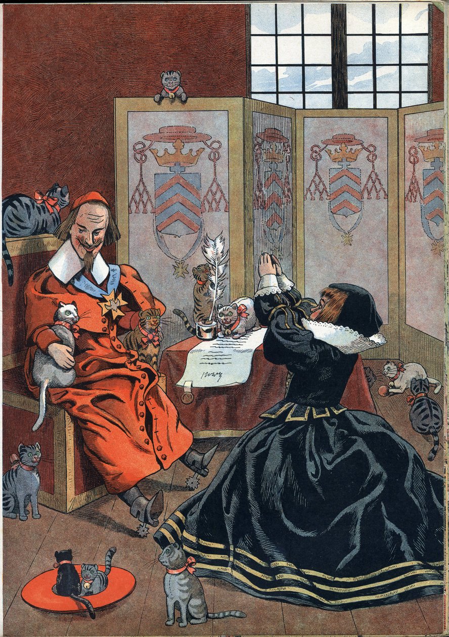 Scene fra Frankrigs historie i legetøj: kvinde beder om tilgivelse fra kardinal Richelieu (1585-1642) omgivet af katte. I “” Joujoux a l