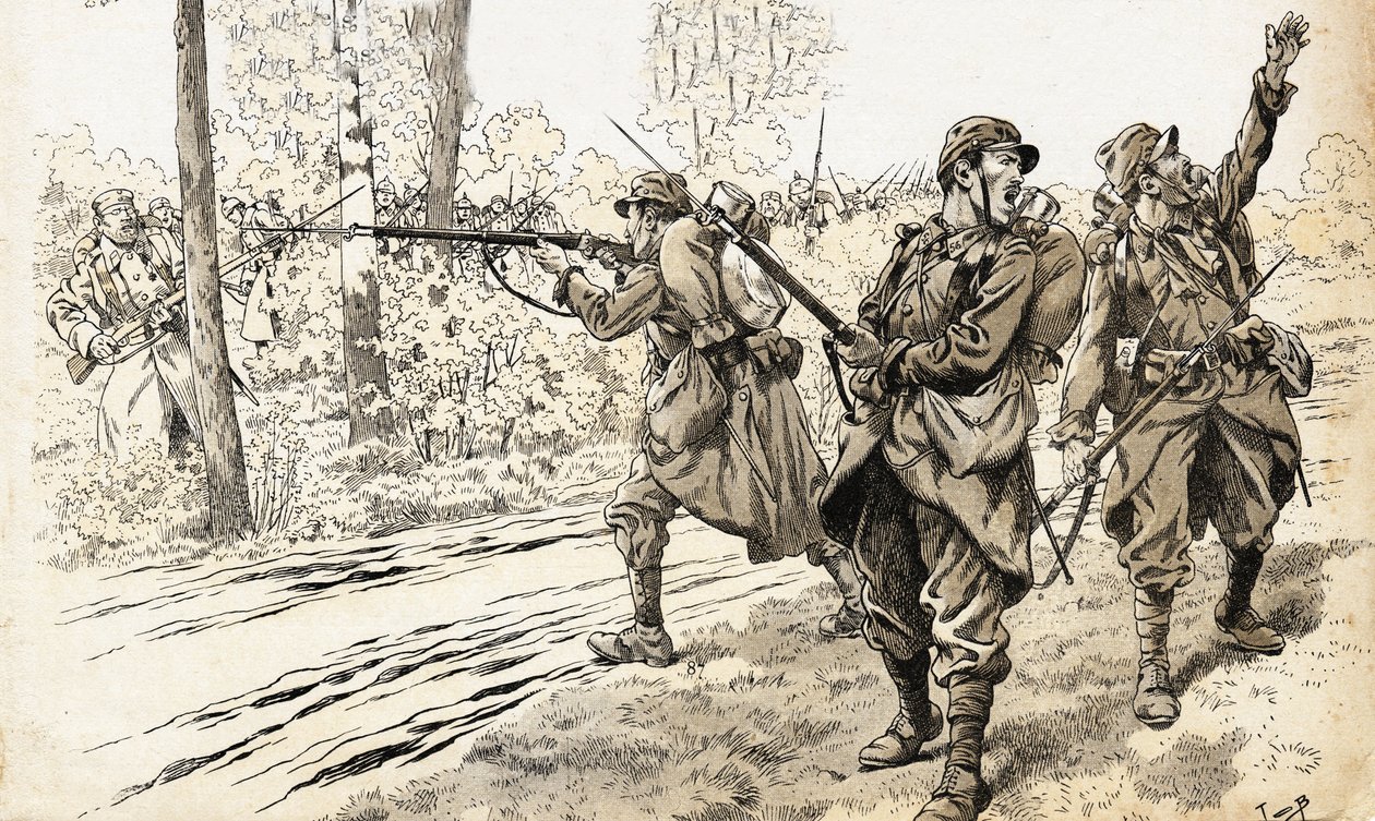 Skyd dem! Franske soldater fra 1914-1918-krigen sendt på patrulje for at erkende fjendens styrke og nøjagtige placering. Efter at have fundet de tyske tropper gav de ordre til at skyde uden at bekymre sig om at blive fanget mellem brandene. Illustration af af pseudonym for Onfray de Breville Jacques Job