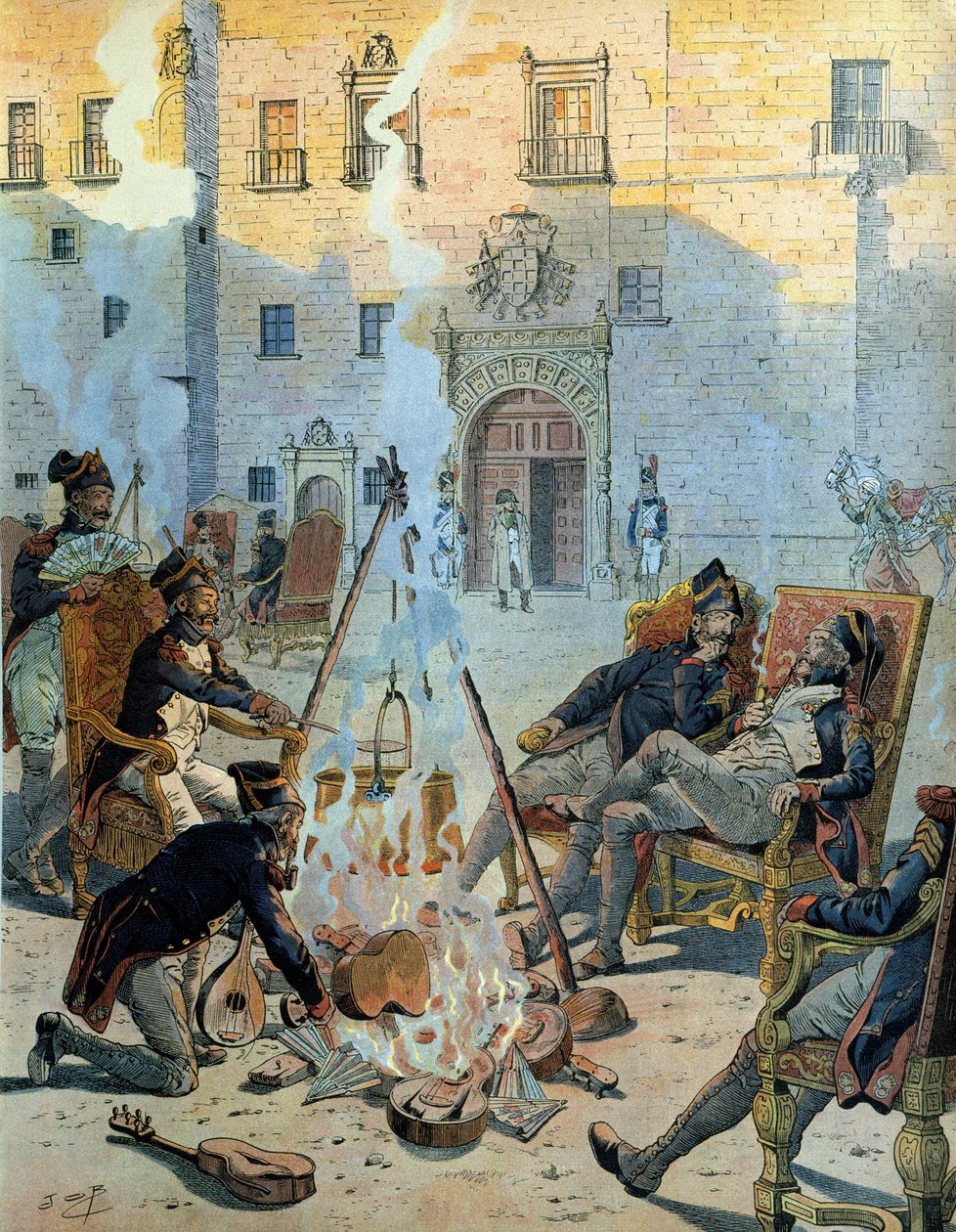 Spanske krig (1808-1813): Den franske hær af Napoleon I Bonaparte (1769-1821) i Spanien hygger sig. I "" Napoleon"" af Georges Montorgueil. Illustration af Jacques Marie Gaston Onfray de Breville dit JOB (1858-1931) af pseudonym for Onfray de Breville Jacques Job