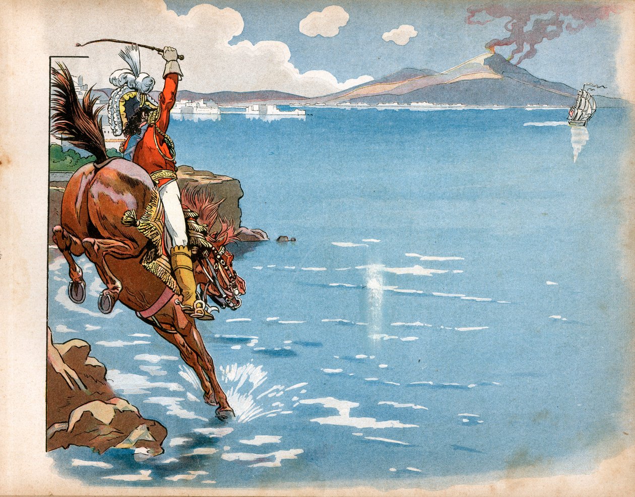 Englænderne red på hans stats kyster, og mens han red til hest på kysten, så Joachim Murat (1767-1815), konge af Napoli, en engelsk fregat, skubbede sin hest i vandet og stormede. Gravering af Jacques Marie Gaston Onfray de Breville af pseudonym for Onfray de Breville Jacques Job
