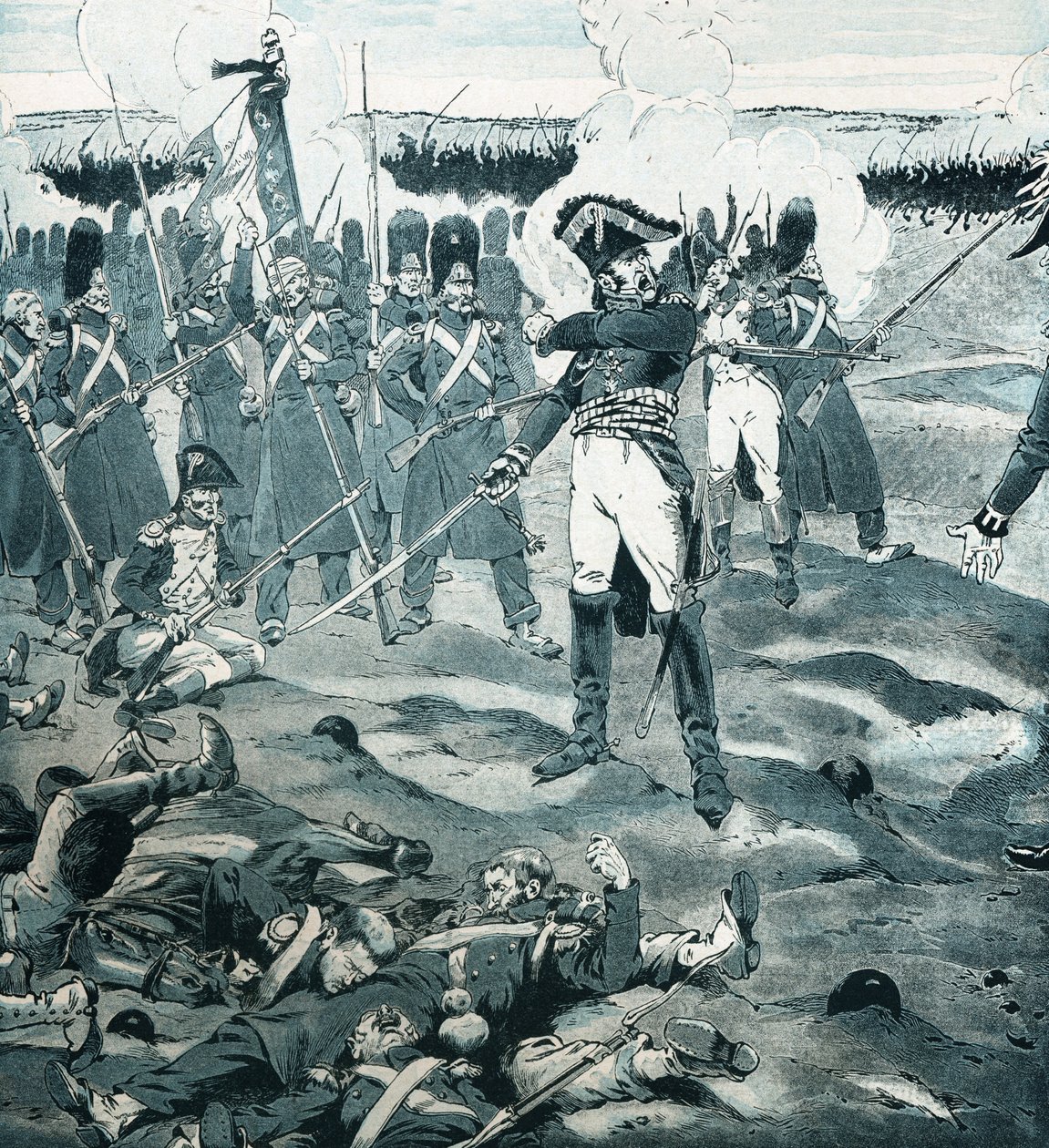 Vagten døde, men reagerede ikke på general Cambronne (1770-1842), der kommanderede den sidste plads i Garde, mens fjenden bad den franske hær om at overgive sig til slaget ved Waterloo den 18. juni 1815. Illustration af Job (Jacques Marie Gaston Onfray og  af pseudonym for Onfray de Breville Jacques Job