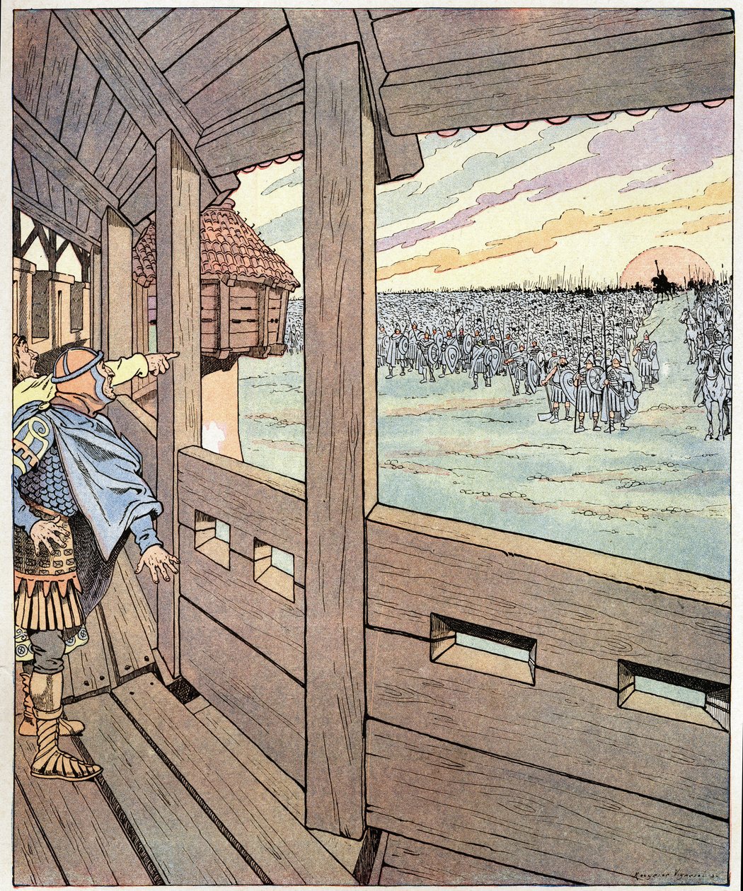 Jernmanden, det er Karl den Store. Oggers ord til kongen af langobarderne Didier, da han angreb kong Karl den Store eller Charles I den Store (742-814) fra toppen af Pavias mure i 774. Illustration af Job (Jacques Marie Gaston Onfray og Breville af pseudonym for Onfray de Breville Jacques Job