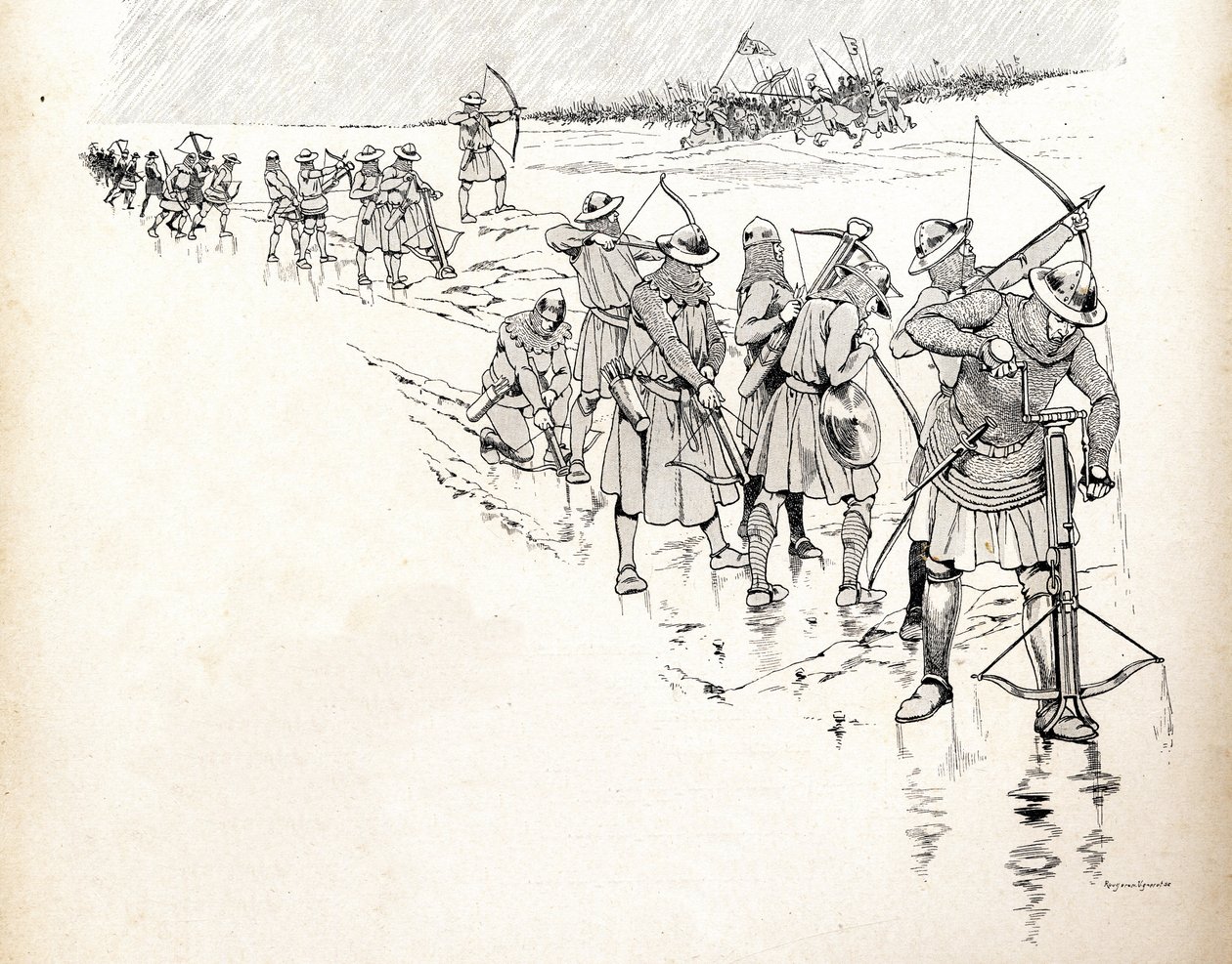Regnen sætter bueskytterne af den franske kong Philip VI dit Philippe de Valois (1293-1350) hær ud af kamp ved at væde buernes reb under slaget ved Crecy i 1346 i begyndelsen af Hundredårskrigen. Illustration af Job (Jacques af pseudonym for Onfray de Breville Jacques Job