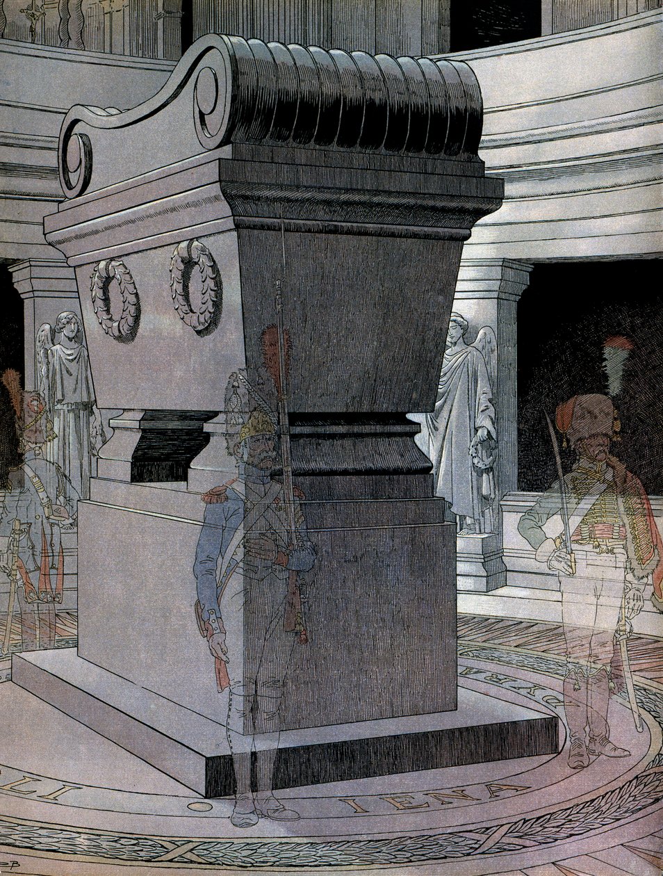 Kejser Napoleon I Bonapartes (1769-1821) grav ved Invalides med spøgelsesvagter. I "" Napoleon"" af Georges Montorgueil. Illustration af Jacques Marie Gaston Onfray de Breville dit JOB (1858-1931) af pseudonym for Onfray de Breville Jacques Job