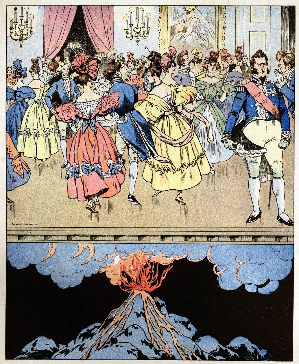 Vi danser på en vulkan. Ord fra grev Narcisse Achille de Salvandy (1795-1856), der forudsiger revolutionen af de tre herlige til Louis Philippe I, hertugen af Orleans (Louis-Philippe) af pseudonym for Onfray de Breville Jacques Job
