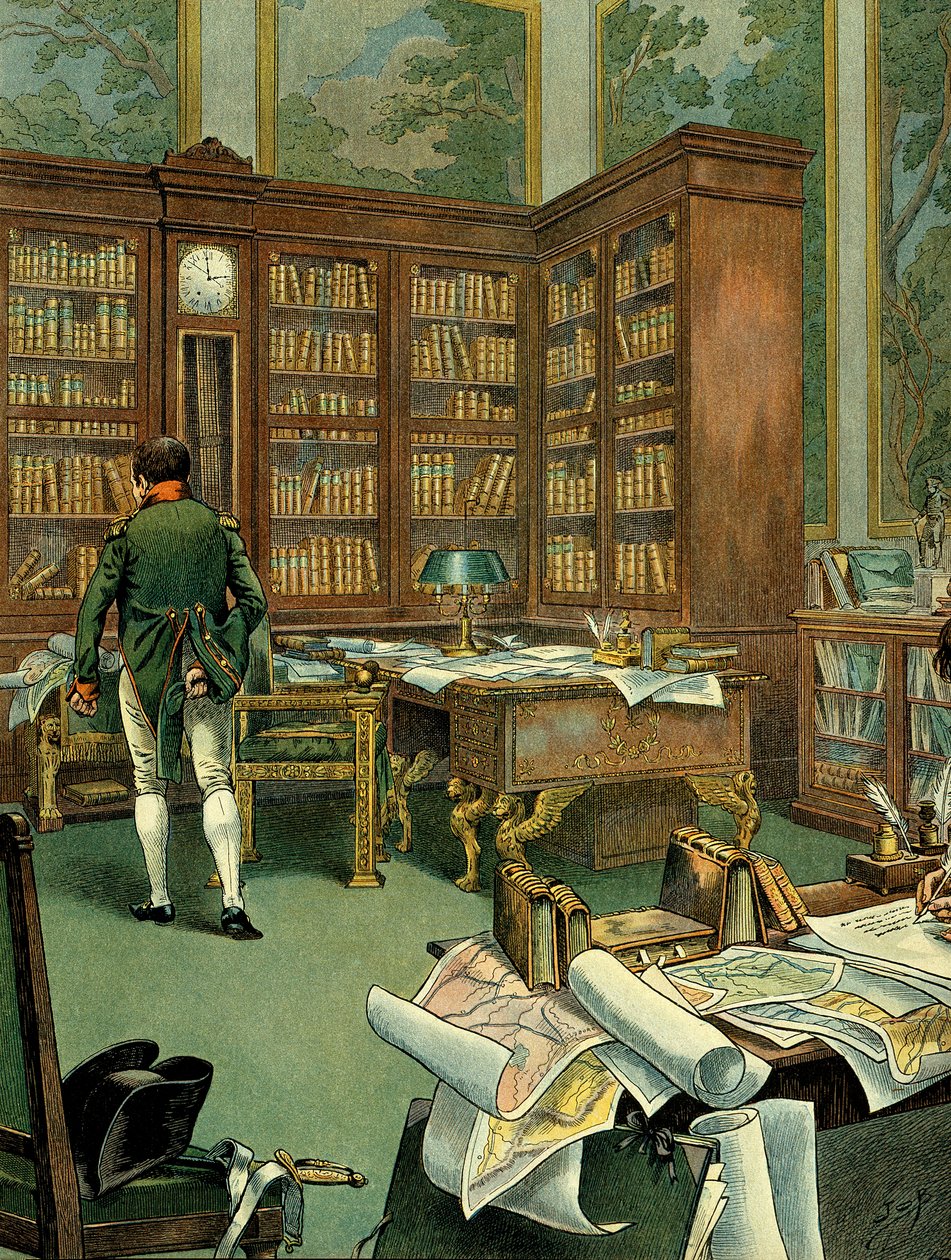 Arbejderskab af Napoleon I Bonaparte (1769-1821) på første sal i Palais des Tuileries, mens han var førstekonsul. Skrivebord med bibliotek og ur bygget i træ. Illustration af Jacques Marie Gaston Onfray de Breville dit JOB (1858-1931). Private Co af pseudonym for Onfray de Breville Jacques Job