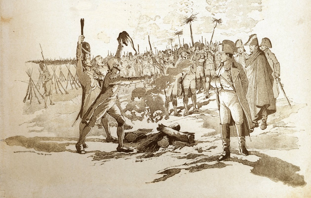 Du behøver ikke at afsløre dig selv, vi vil bringe dig flag og kanoner fra en grenader før slaget ved Austerlitz, da Napoleon I Bonaparte (1769-1821) besøgte bivuakkerne. Illustration af Job (Jacques Marie Gaston Onfray og Breville) (Jacques- af pseudonym for Onfray de Breville Jacques Job