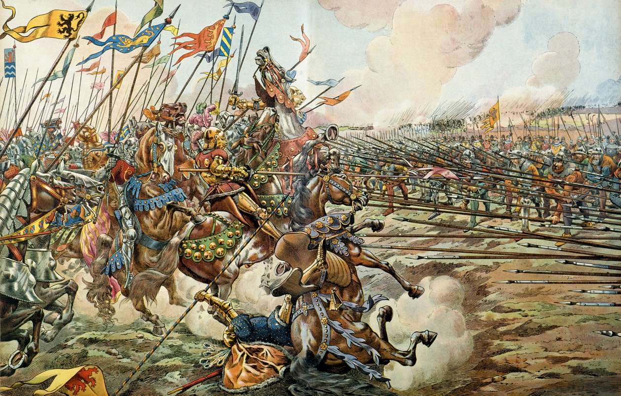 The Battle of Grandson between the Burgundians and the Swiss at Grandson, Switzerland on March 2, 1476. Illustration by Jacques Marie Gaston Onfray de Breville dit JOBdani af pseudonym for Onfray de Breville Job