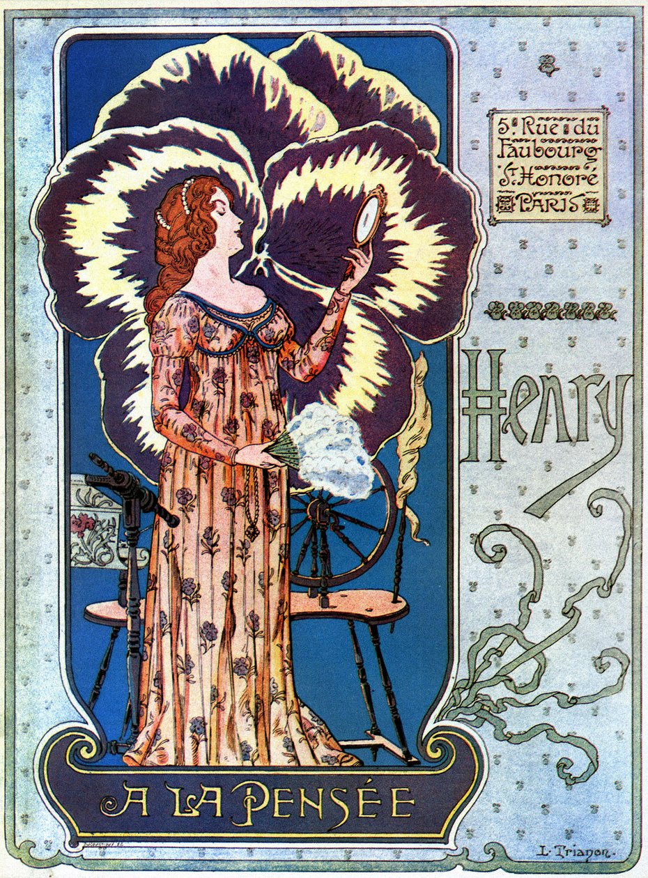 Art Nouveau: reklameplakat for kosmetikbutikken "Henry a la Thought" i Paris. En ung kvinde beundrer sig selv i et spejl, bag hende en tankeblomst. Illustration af L. Trianon af pseudonym of Trinquier Louis Trinquier Trianon