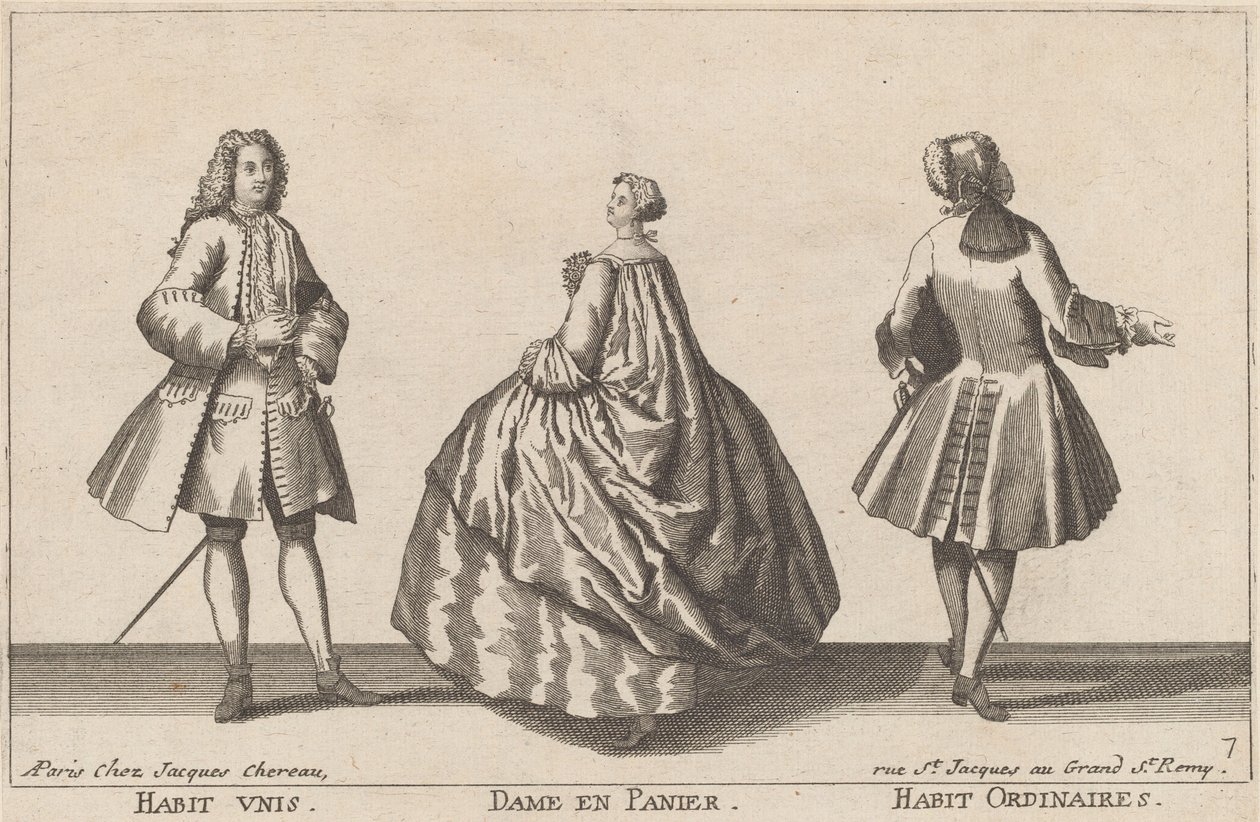 Ensfarvet kjole/dame i kurv/almindelig kjole af published by Jacques Chéreau