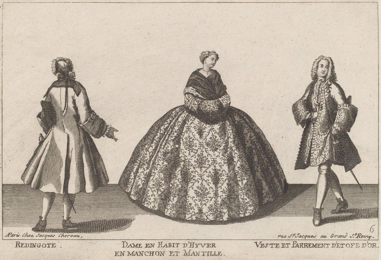 Frakke/dame i vinterkjole i muffe/jakke og guldbeklædning af published by Jacques Chéreau