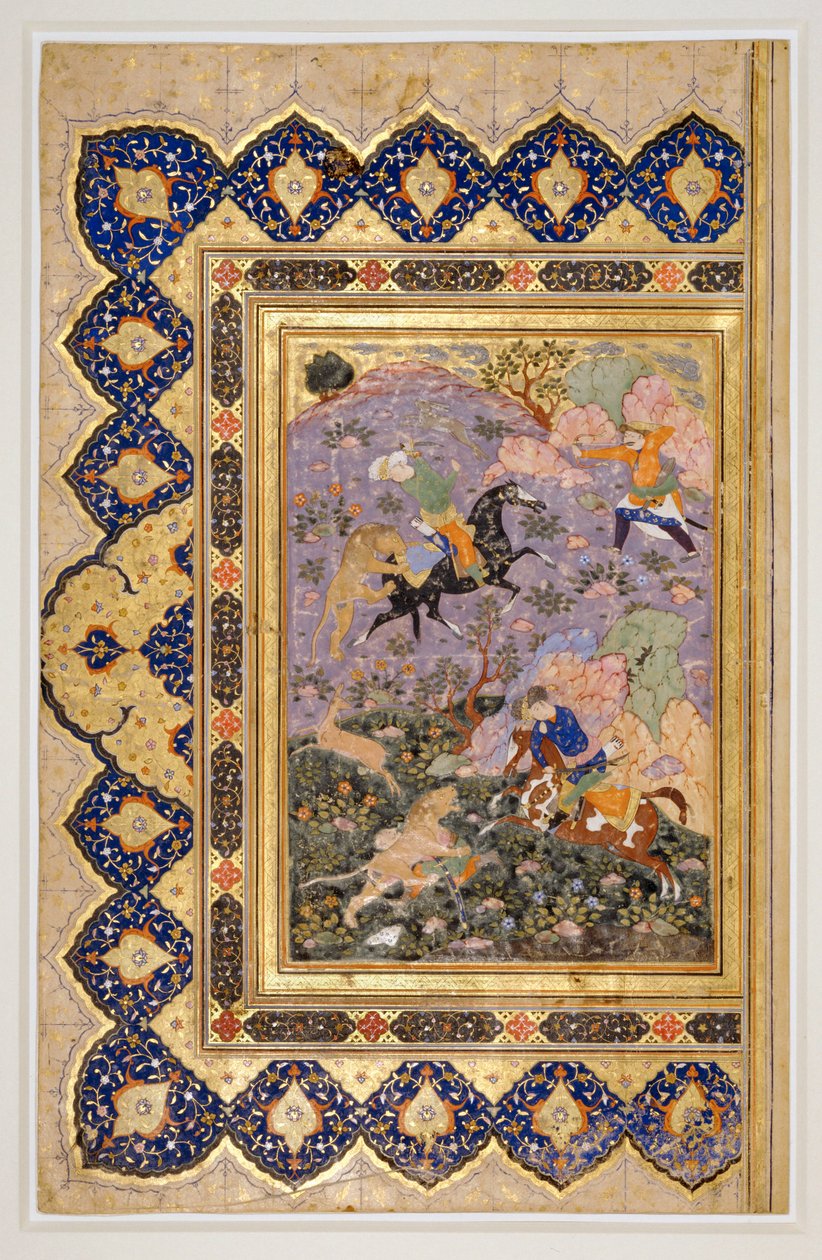 Jagt på vilde dyr, ca. 1540 (blæk, gouache og guld) af School Iranian