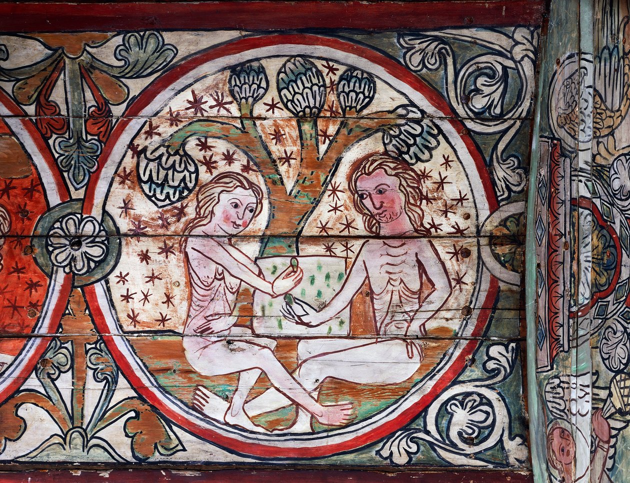 Adam og Eva i Edens have, dekoration fra Al Stavkirke, Norge (fresco) af school Scandinavian