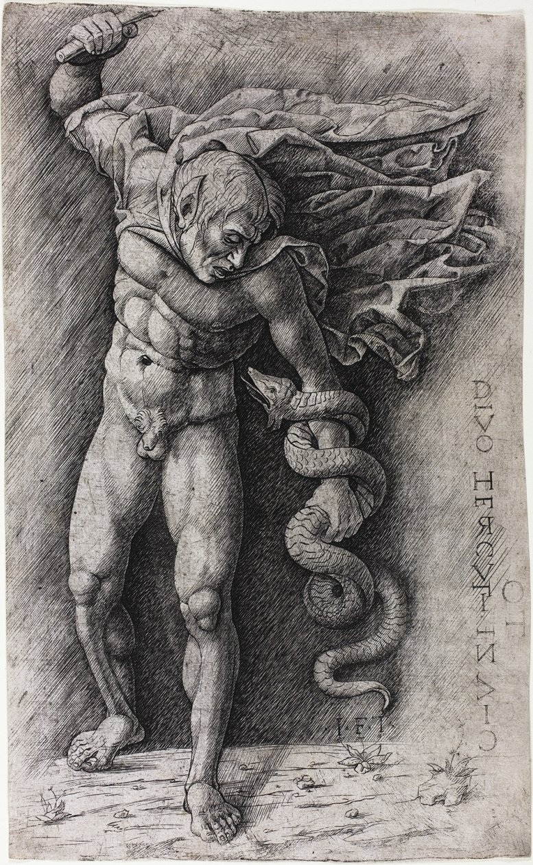 Faun angriber en slange af school of Andrea Mantegna