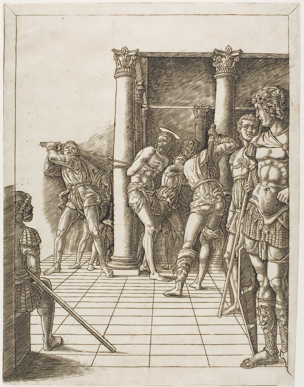 Kristi flagellering med fortovet af school of Andrea Mantegna