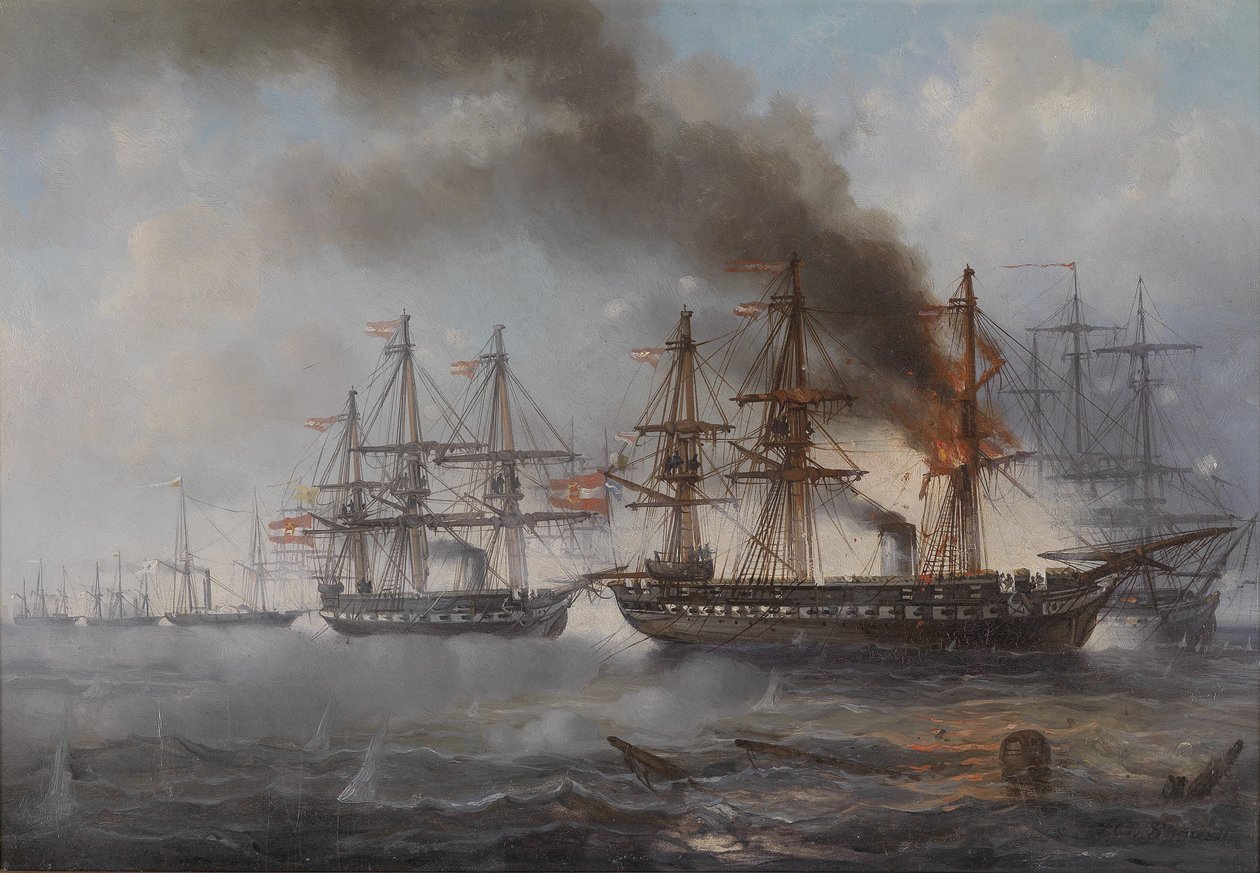 Søslaget nær Helgoland i 1864 (den brændende østrigske fregat Schwarzenberg, bag den fregatten Radetzky) af Josef Karl Berthold Puttner