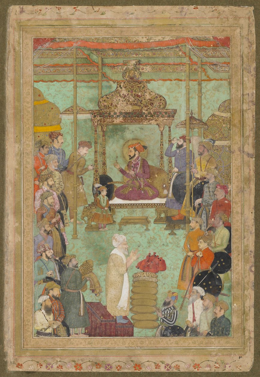 Shah Jahan tronede med Mahabat Khan og en Shaykh, "The Padshahnama", 1629-30 af son of Aqa Riza Abid