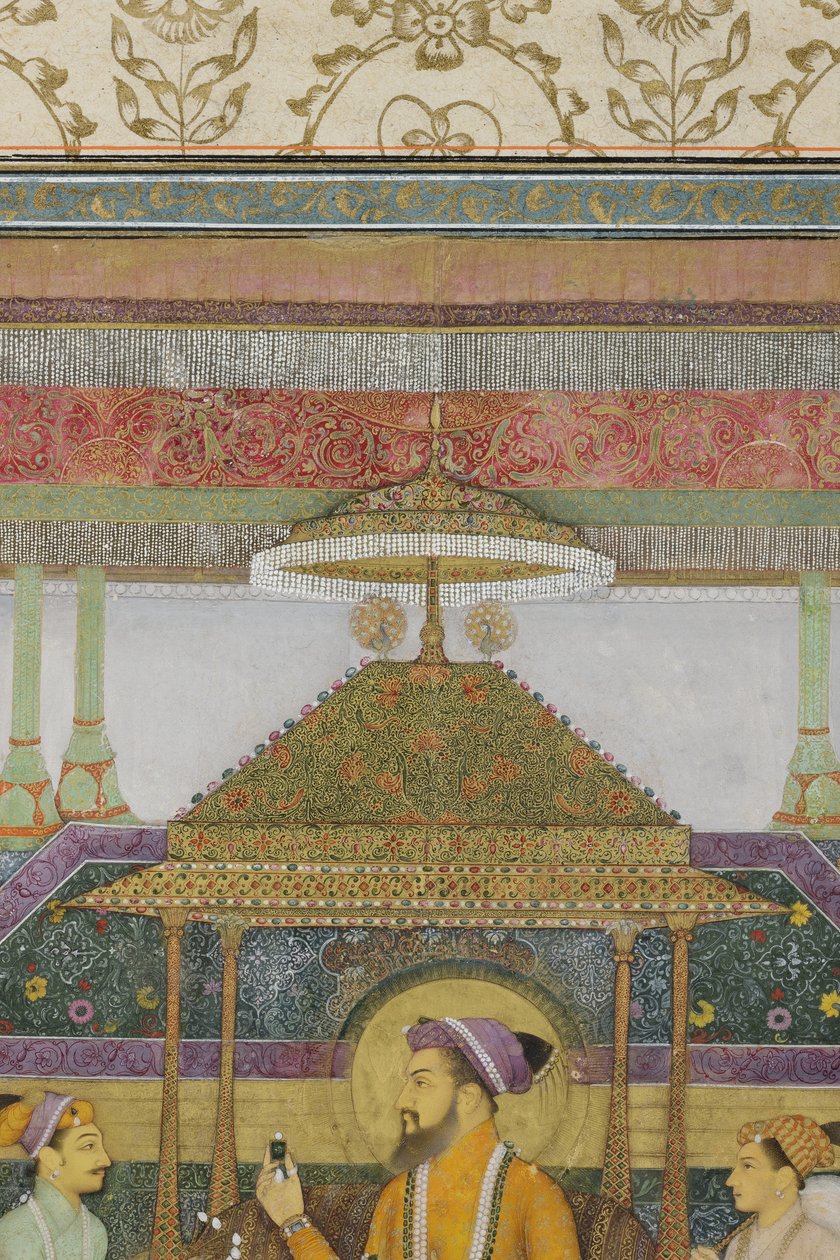 Detalje fra The Emperor Shah Jahan on the Peacock Throne, 1640 (ugennemsigtigt wc & guld på papir) af son of Aqa Riza Abid