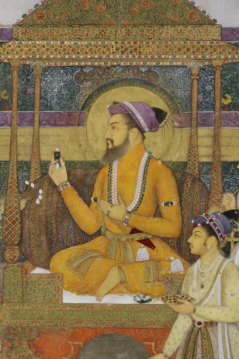 Detalje fra The Emperor Shah Jahan on the Peacock Throne, 1640 (ugennemsigtigt wc & guld på papir) af son of Aqa Riza Abid