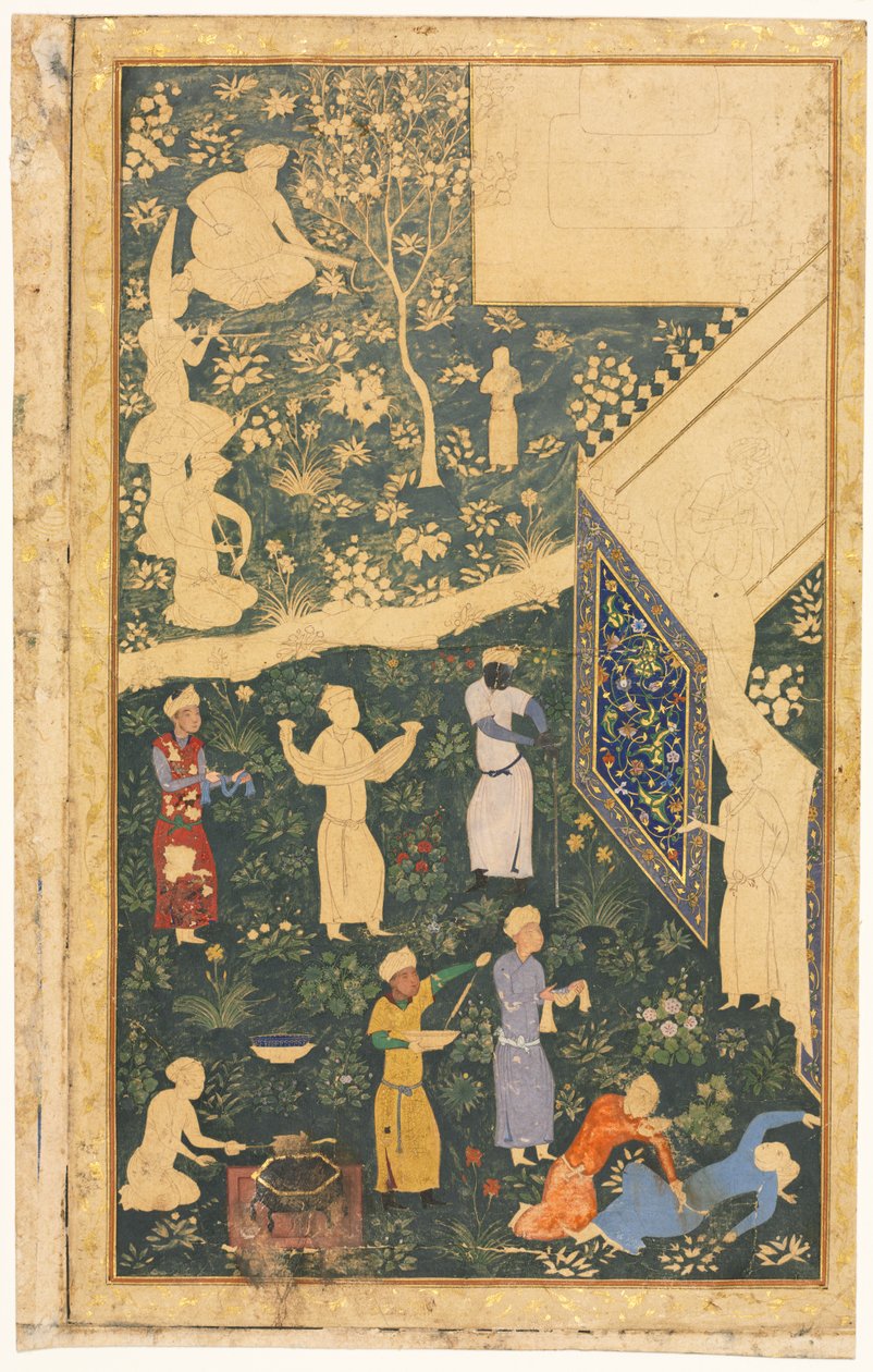 Venstre side af en dobbeltsidet albumfolio: Outside a Royal Encampment (recto) af style of Bihzad