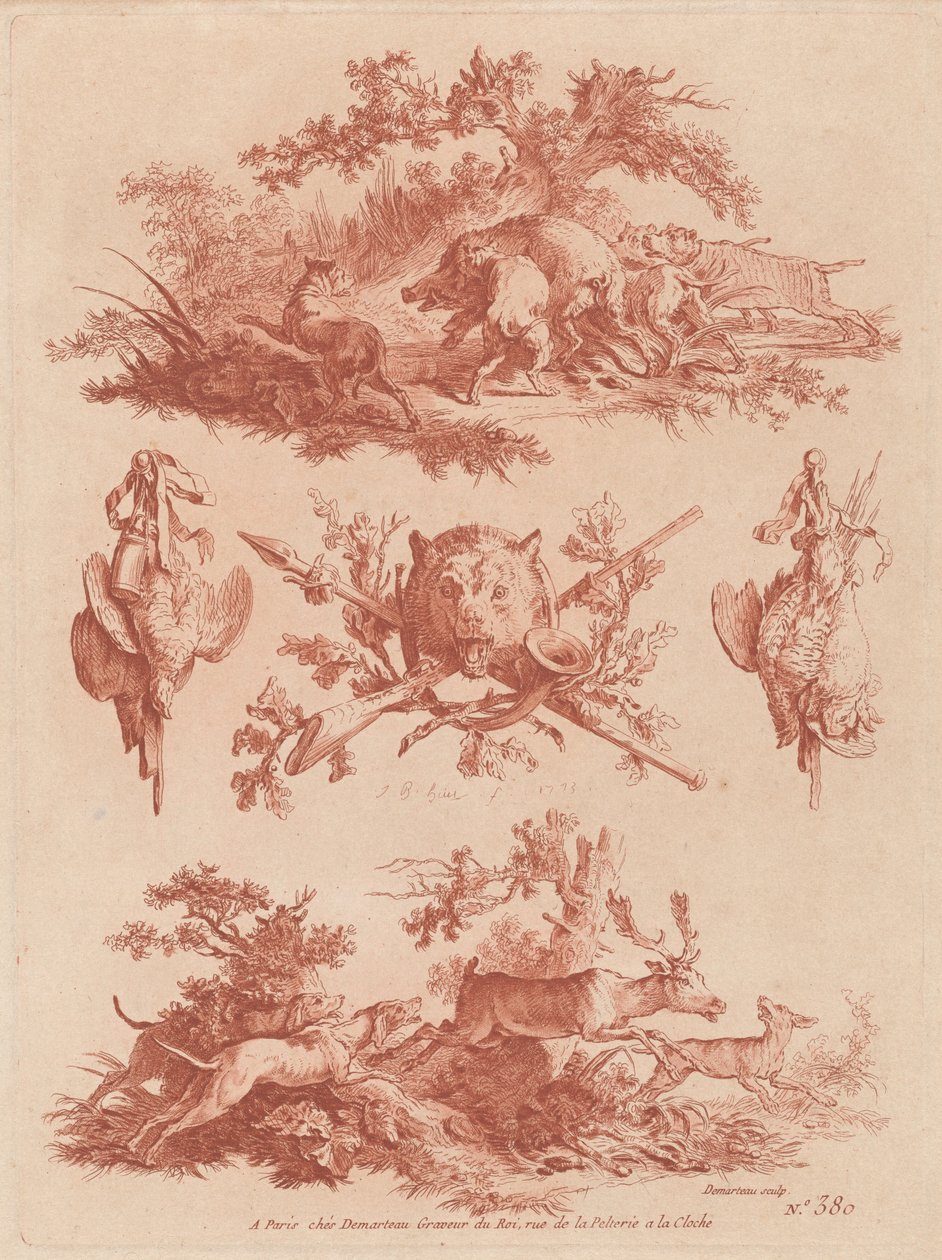 Jagttrofæer og vignetter med hunde, der jager en orne og en kronhjort af the Elder and Jean Baptiste Hüet Gilles Demarteau
